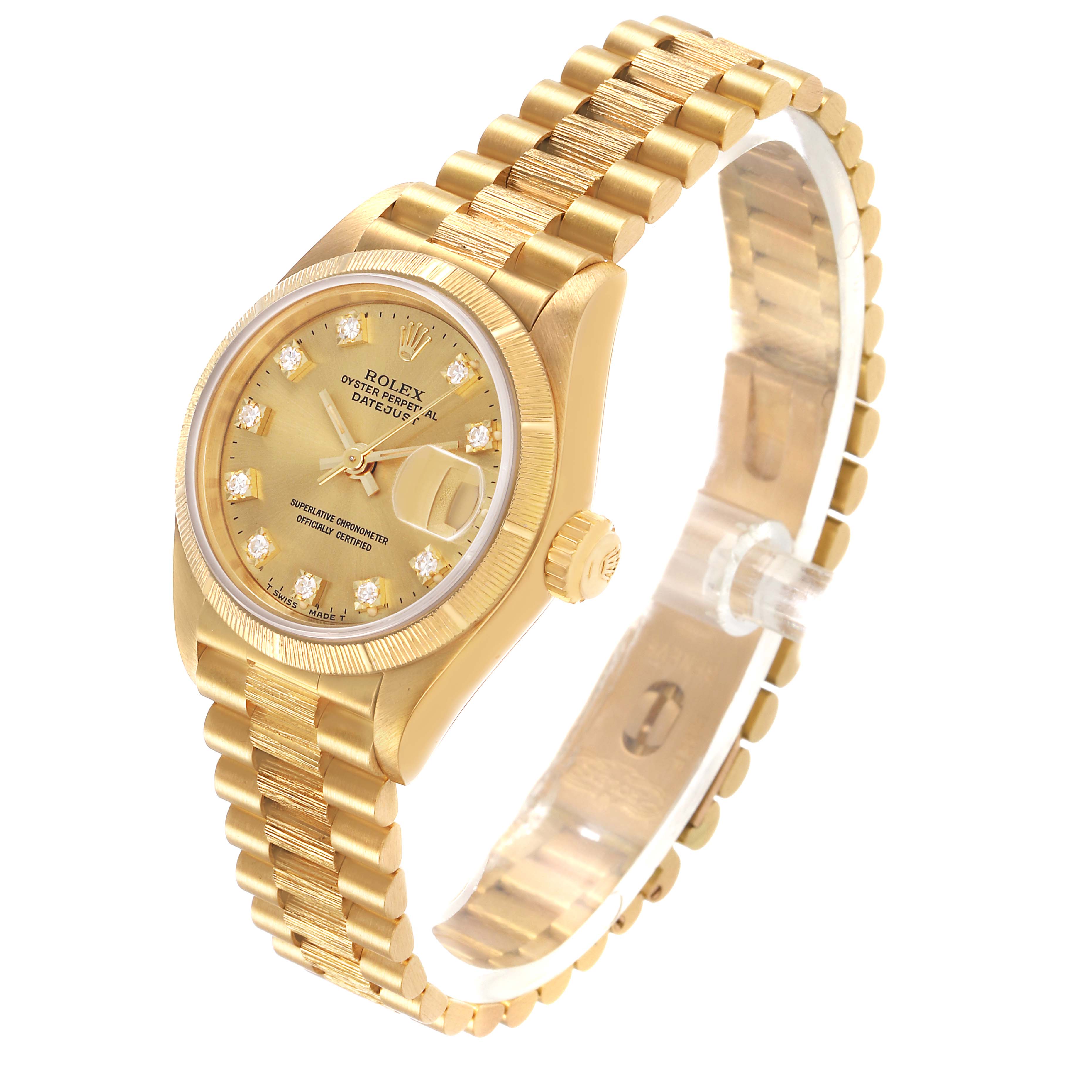 The Rolex President 69278 Women's Yellow Gold Champagne Dial watch is shown at a three-quarter angle, highlighting the face, bracelet, and crown.