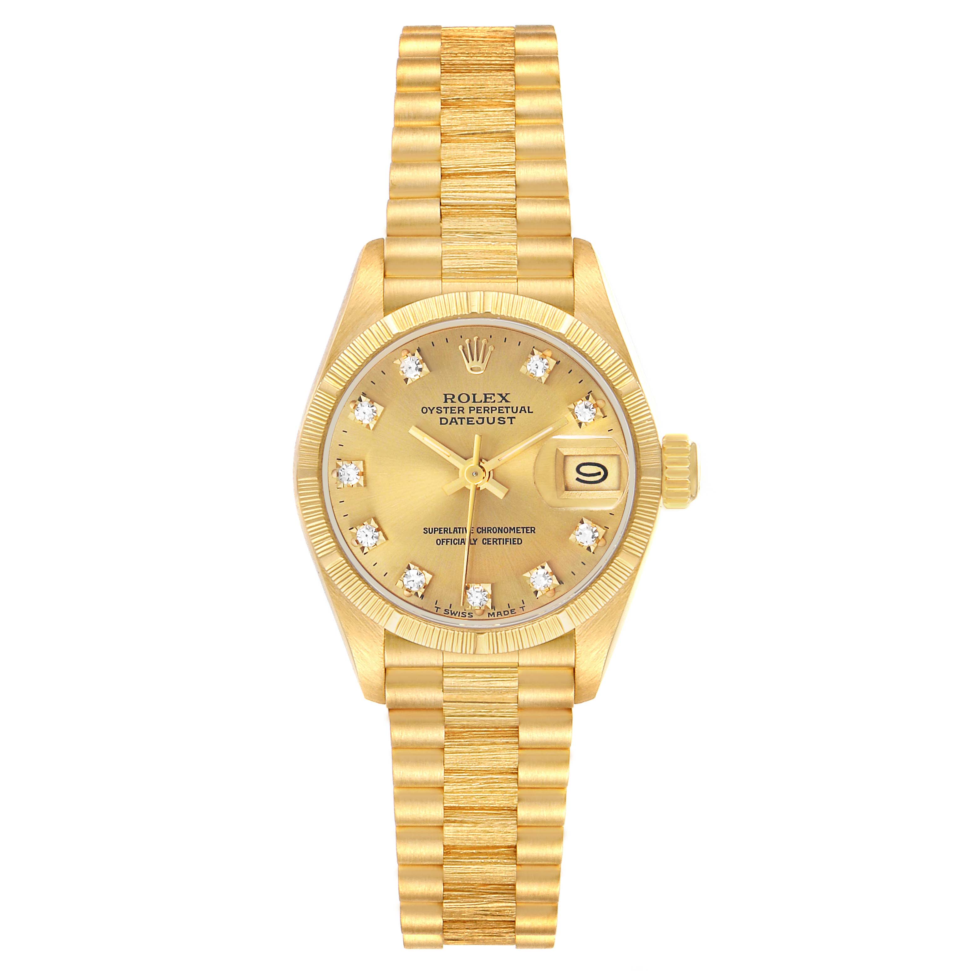 The Rolex President 69278 Women's Yellow Gold Champagne Dial model watch is shown from a front angle, displaying the dial, bracelet, case, and crown.