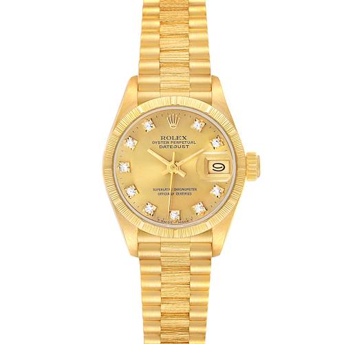 The Rolex President 69278 Womens Yellow Gold Champagne Dial model is shown from a top view, highlighting its dial, bracelet, and date feature.