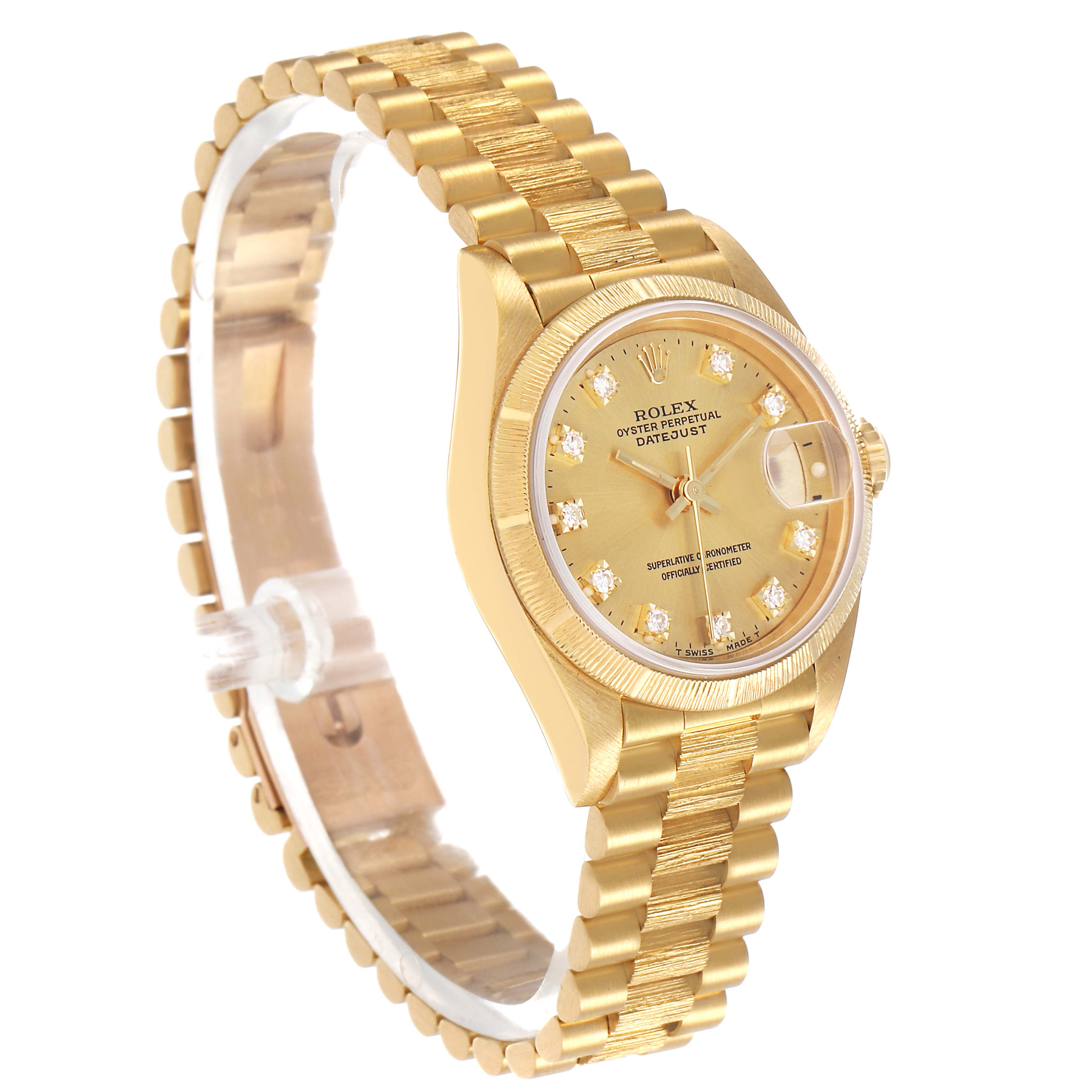 The Rolex President 69278 Women's Yellow Gold Champagne Dial model is shown at a slight angle, displaying the face, case, and full band.
