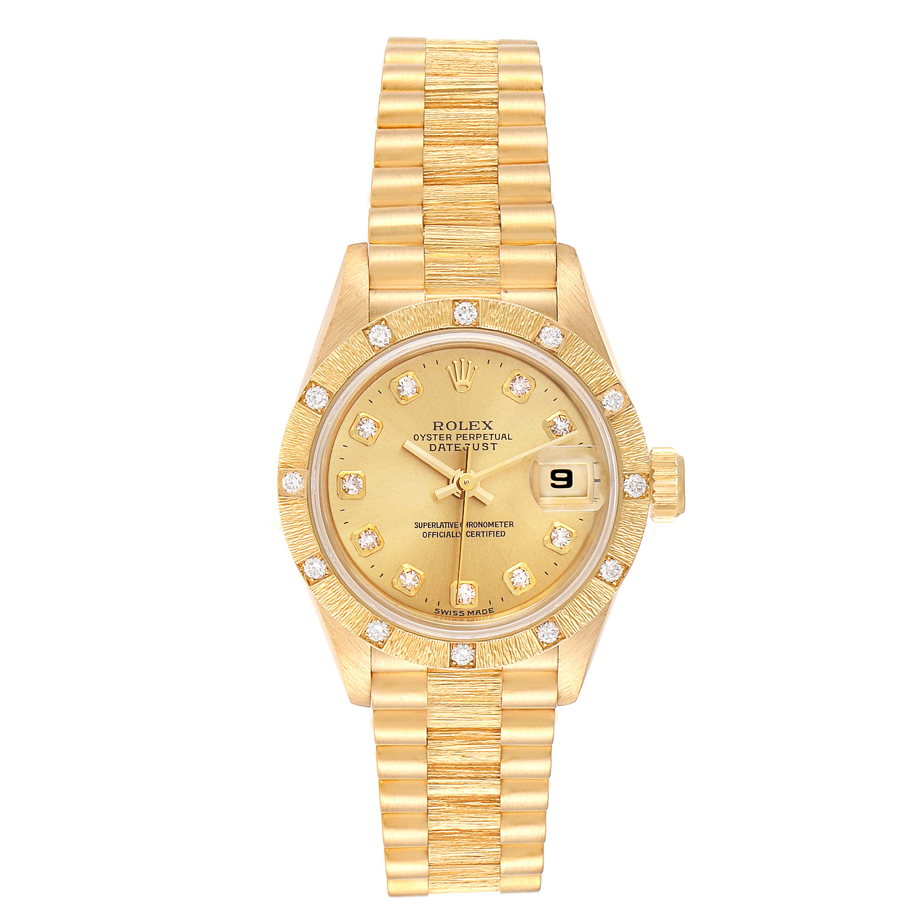 The image shows a front view of the Rolex President 69288 Women
s Yellow Gold Champagne Dial 69288 Women
s Yellow Gold Champagne Dial model watch, featuring its bracelet, dial, bezel, hands, and date display.