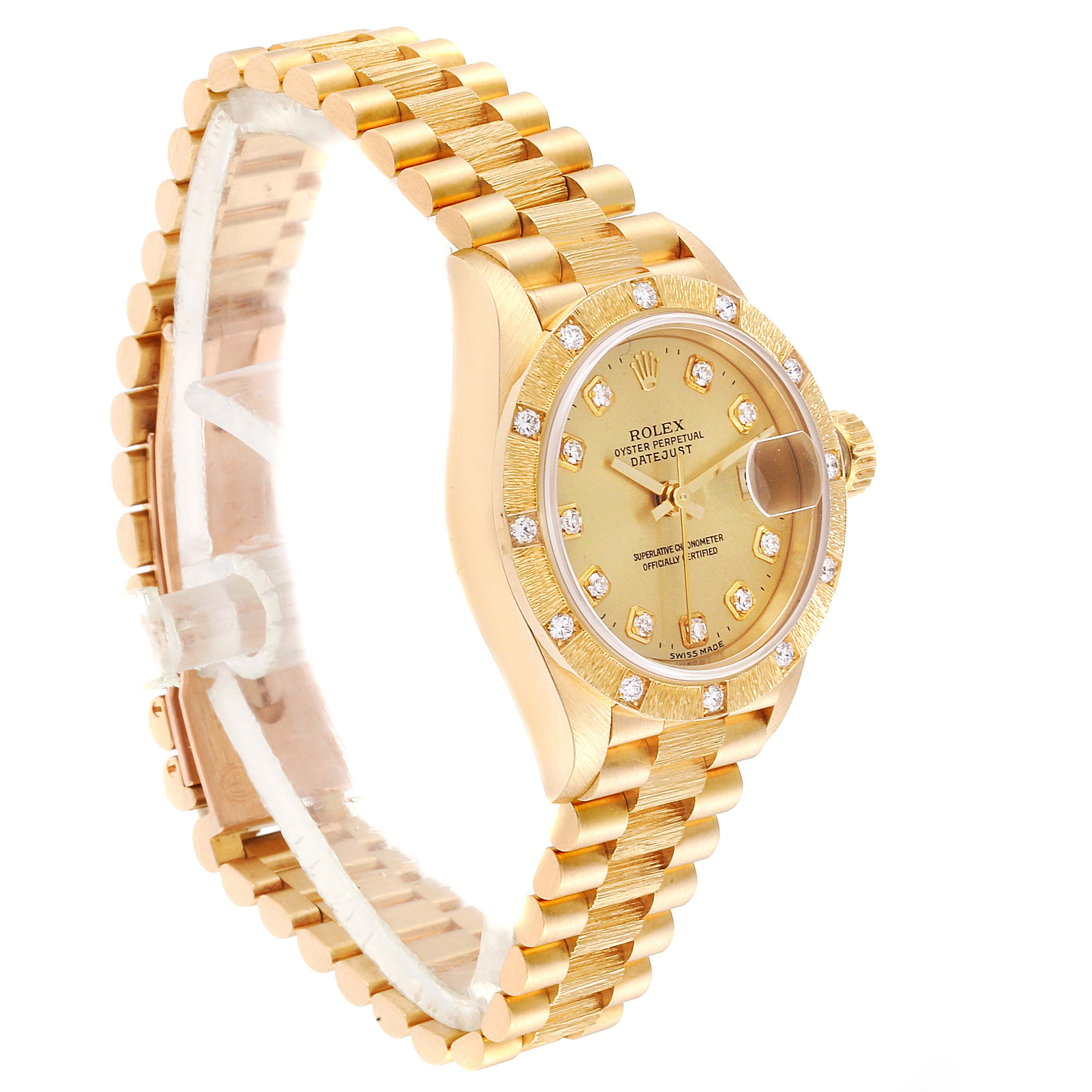 The image shows a Rolex President 69288 Women
s Yellow Gold Champagne Dial 69288 Women
s Yellow Gold Champagne Dial model watch in a side angle view, highlighting its gold bracelet and diamond-studded bezel.