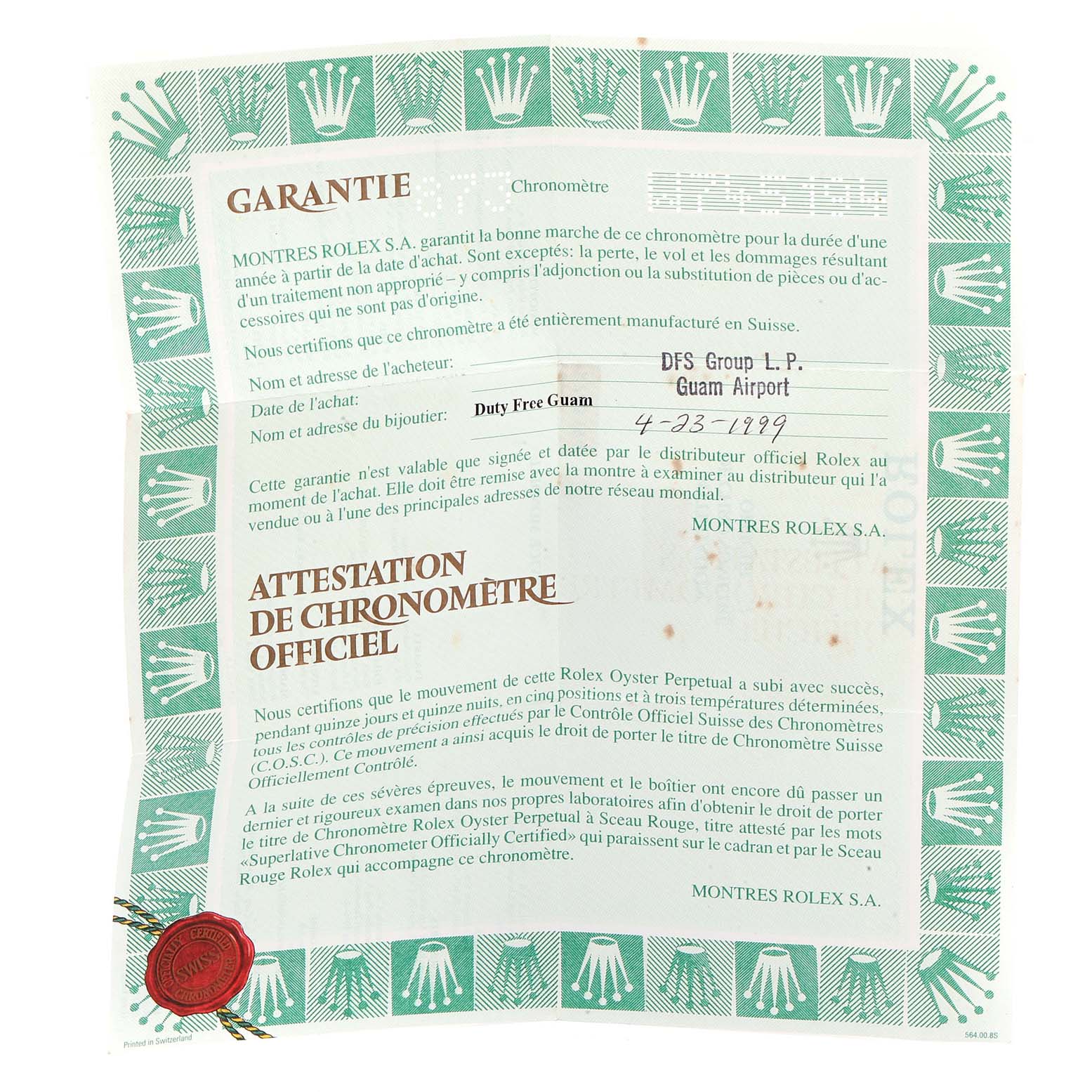 The image shows a warranty certificate for a Rolex President 69288 Women
s Yellow Gold Champagne Dial 69288 Women
s Yellow Gold Champagne Dial model watch.