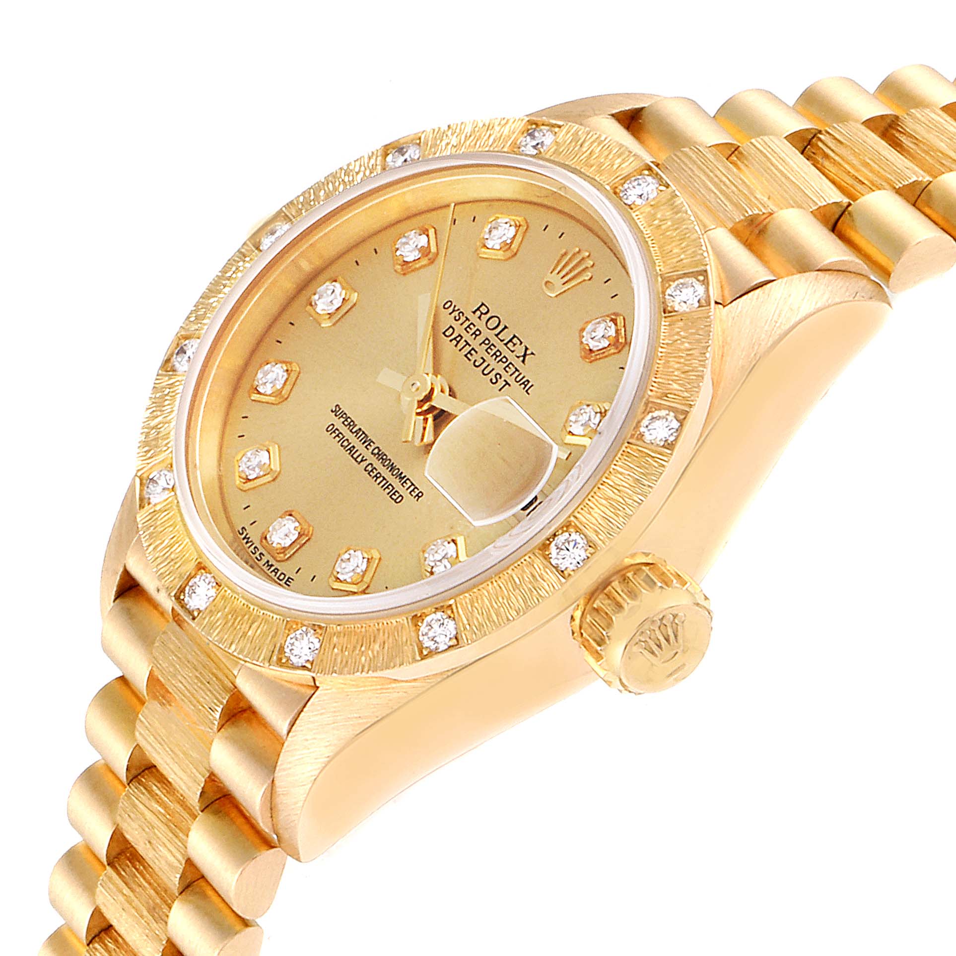 The image shows a close-up angled view of a Rolex President 69288 Women
s Yellow Gold Champagne Dial 69288 Women
s Yellow Gold Champagne Dial model watch, highlighting the face, bezel, crown, and part of the strap.