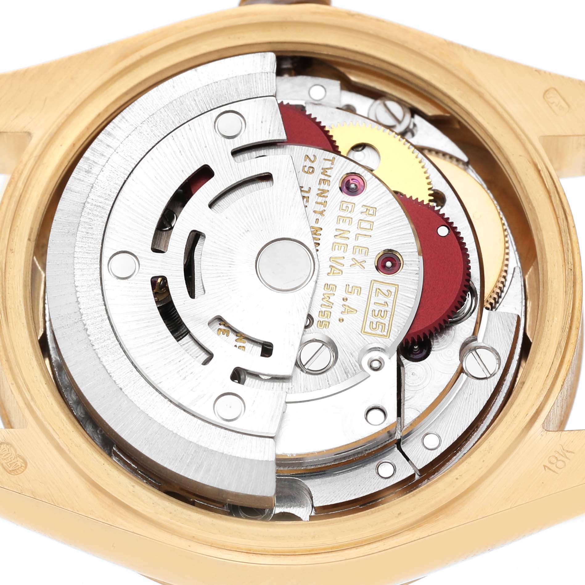The image shows the intricate movement and rotor mechanism from a Rolex President 69178 Womens Yellow Gold Yellow Dial model, viewed from the back.
