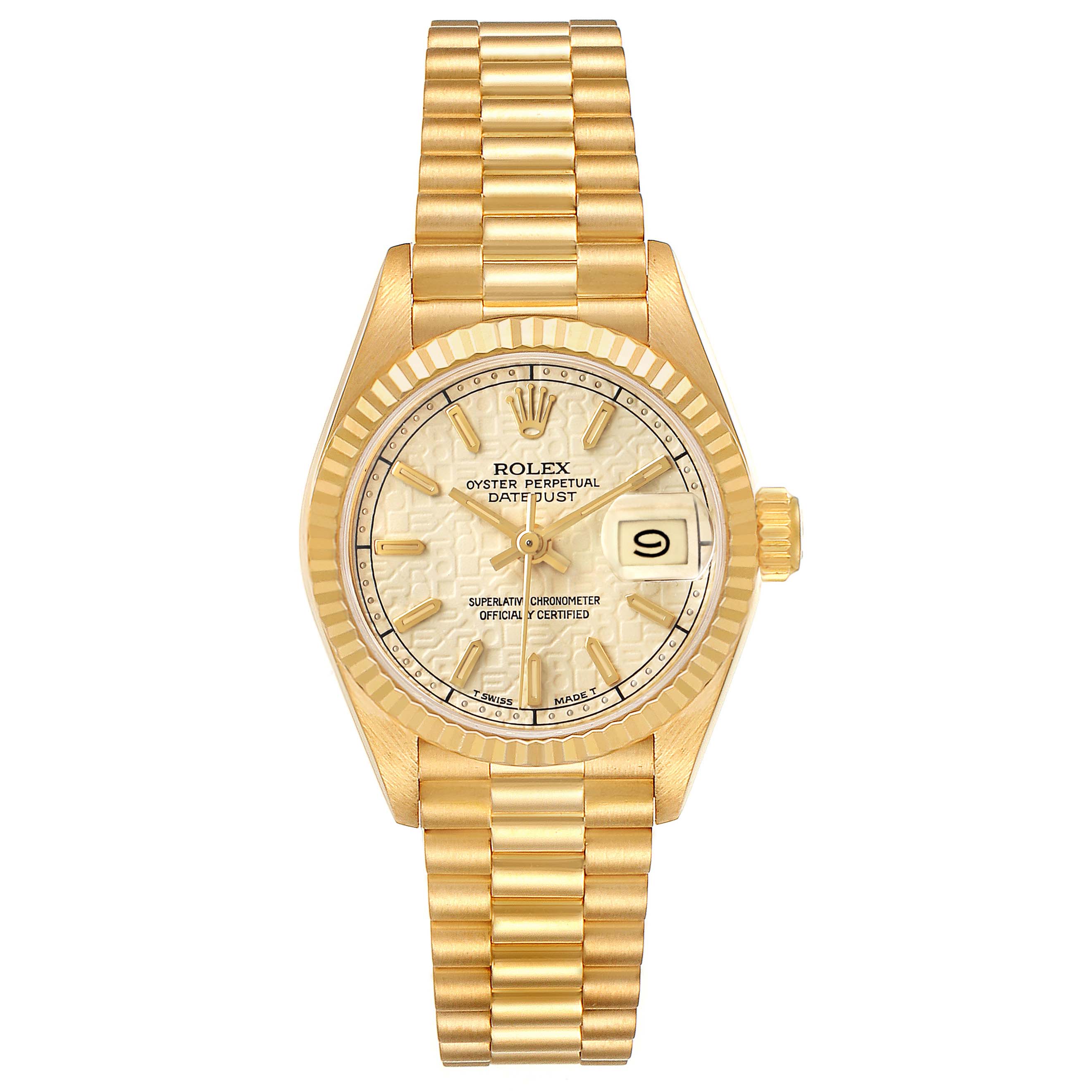 The Rolex President 69178 Womens Yellow Gold Yellow Dial watch is shown from a top-down angle, displaying the dial, bezel, and bracelet.