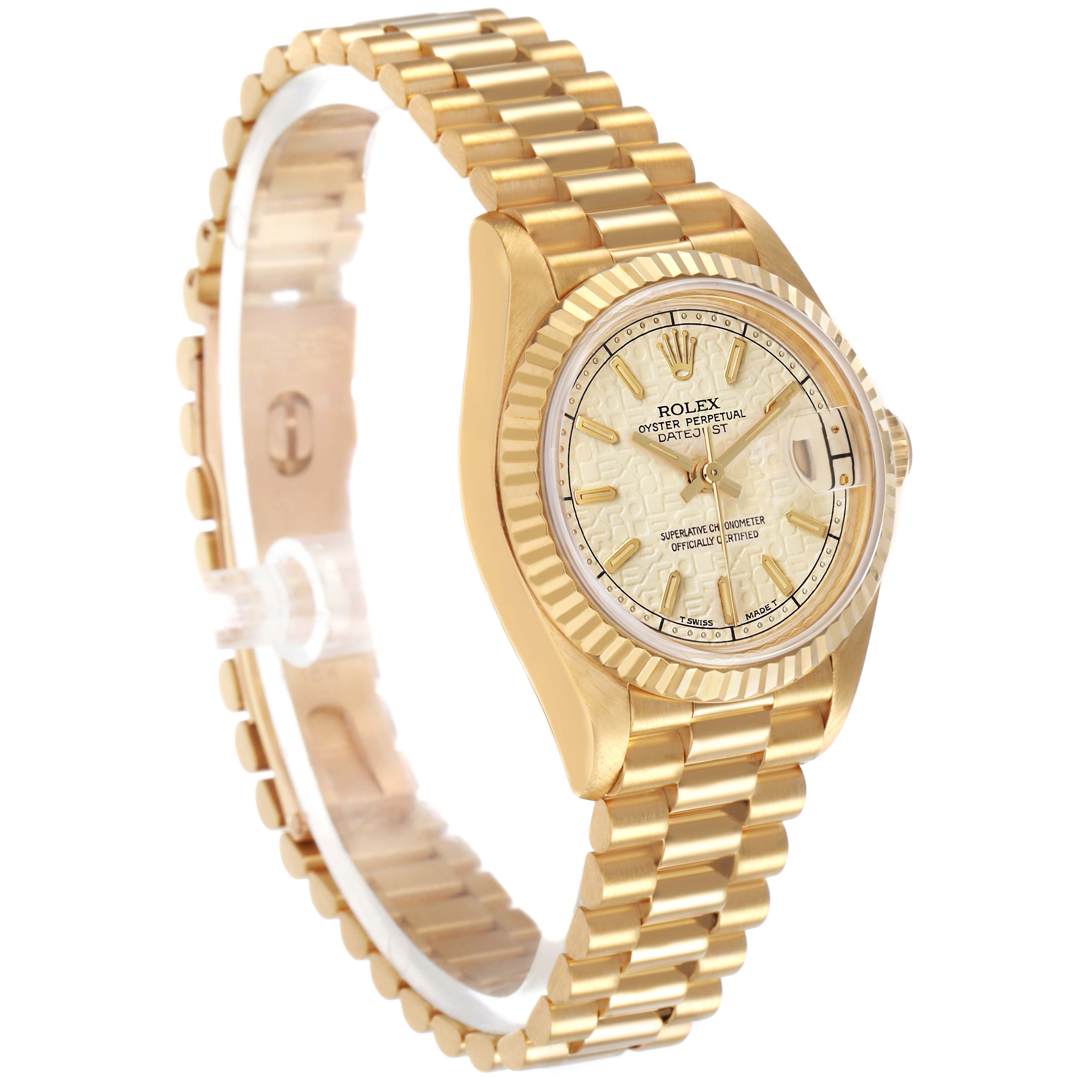 The Rolex President 69178 Womens Yellow Gold Yellow Dial model is shown at a slight angle, displaying the bracelet, bezel, and dial with partial side view.