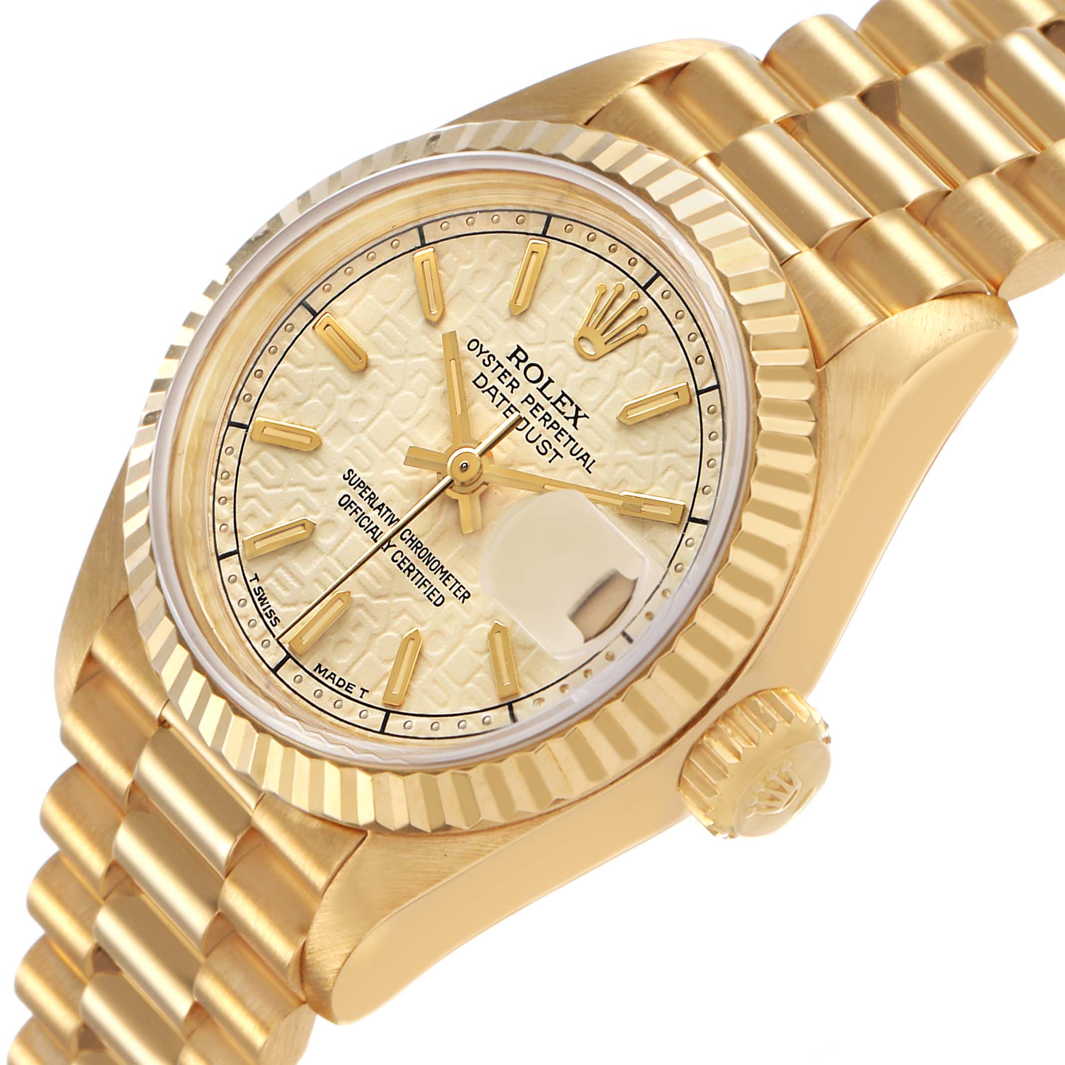 The Rolex President 69178 Womens Yellow Gold Yellow Dial model is shown at a slight angle, displaying the dial, bezel, crown, and part of the bracelet.