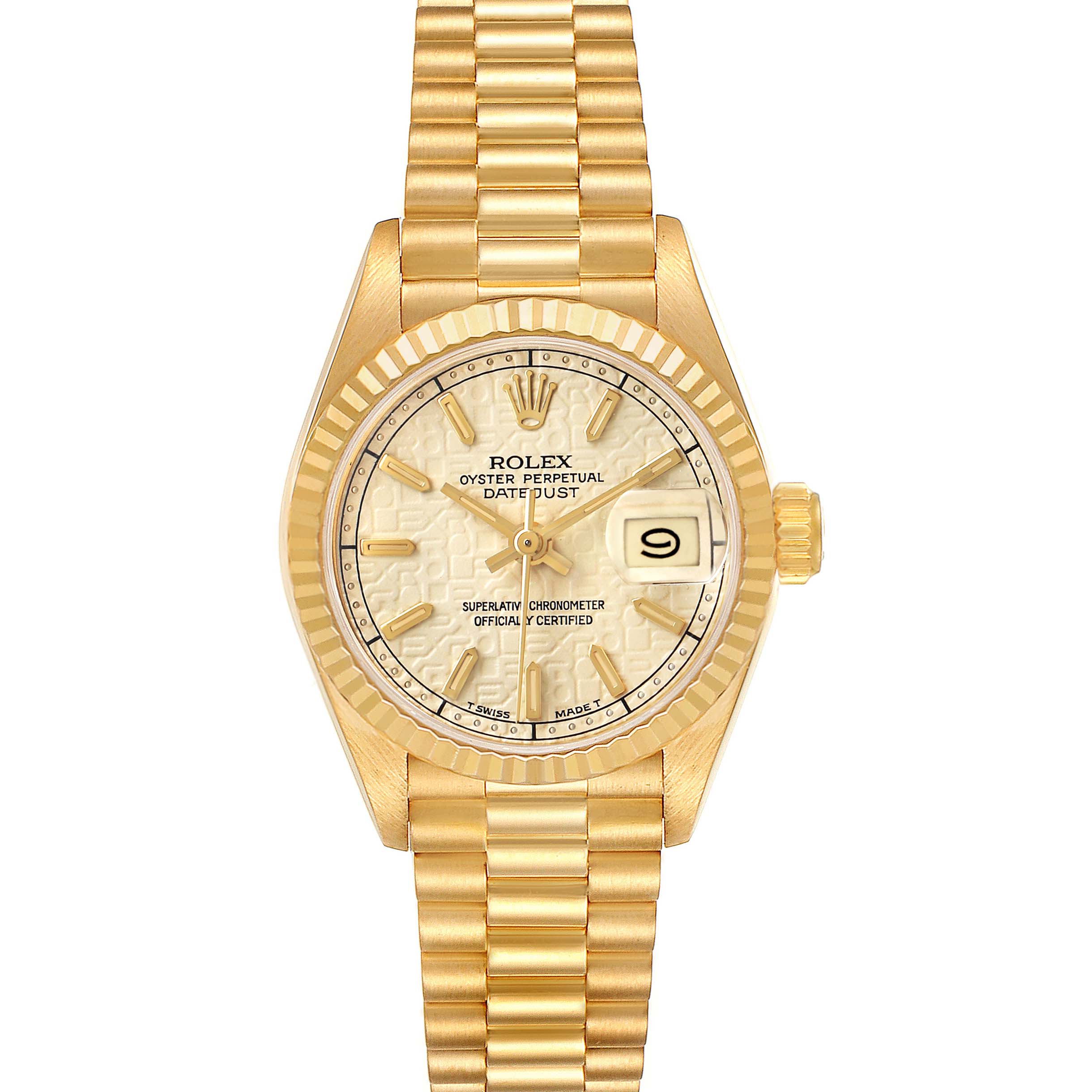 The image shows a frontal view of the Rolex President 69178 Womens Yellow Gold Yellow Dial model, featuring the face, bezel, and bracelet.