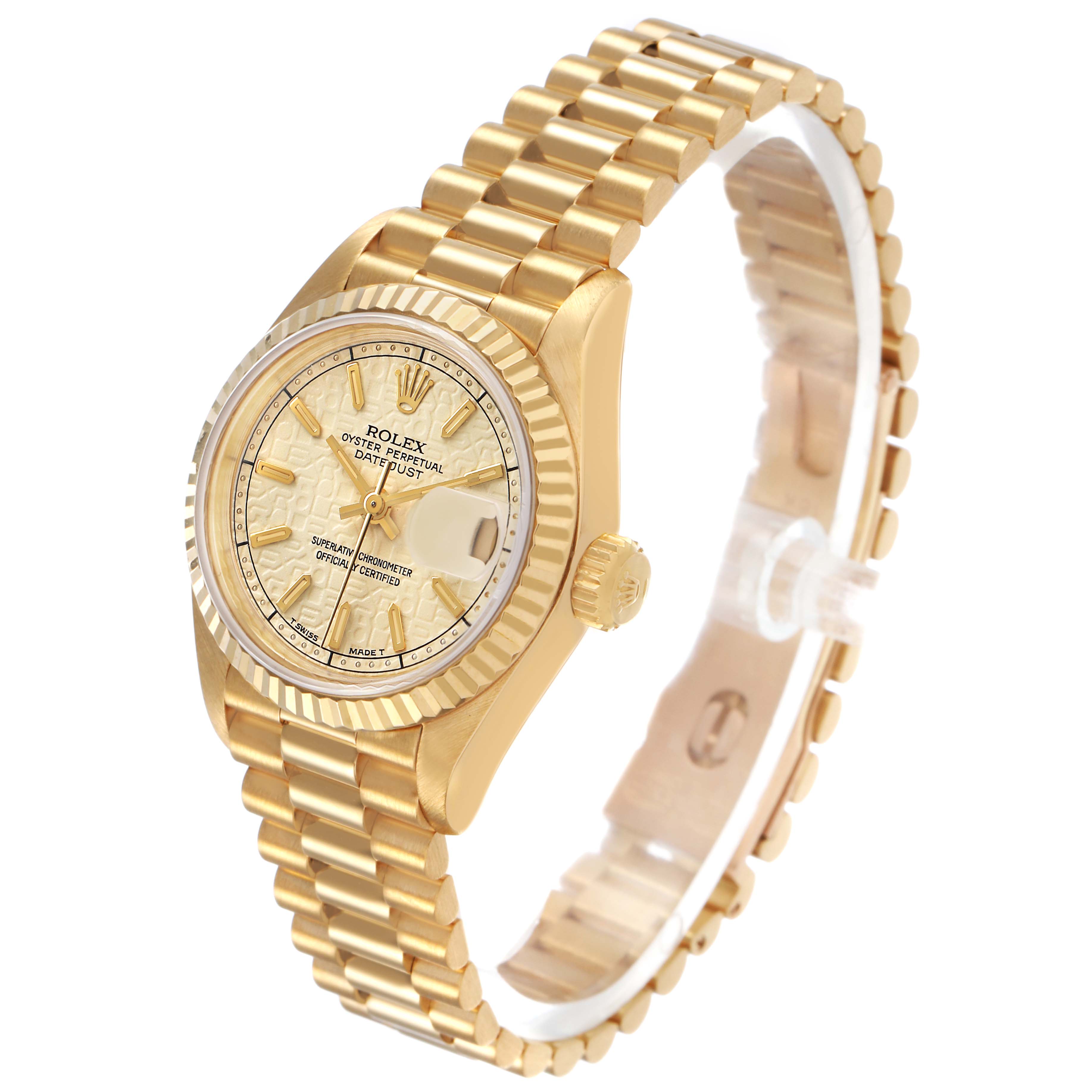 The image shows a Rolex President 69178 Womens Yellow Gold Yellow Dial model watch at an angled side view, highlighting the gold bracelet, bezel, and dial.