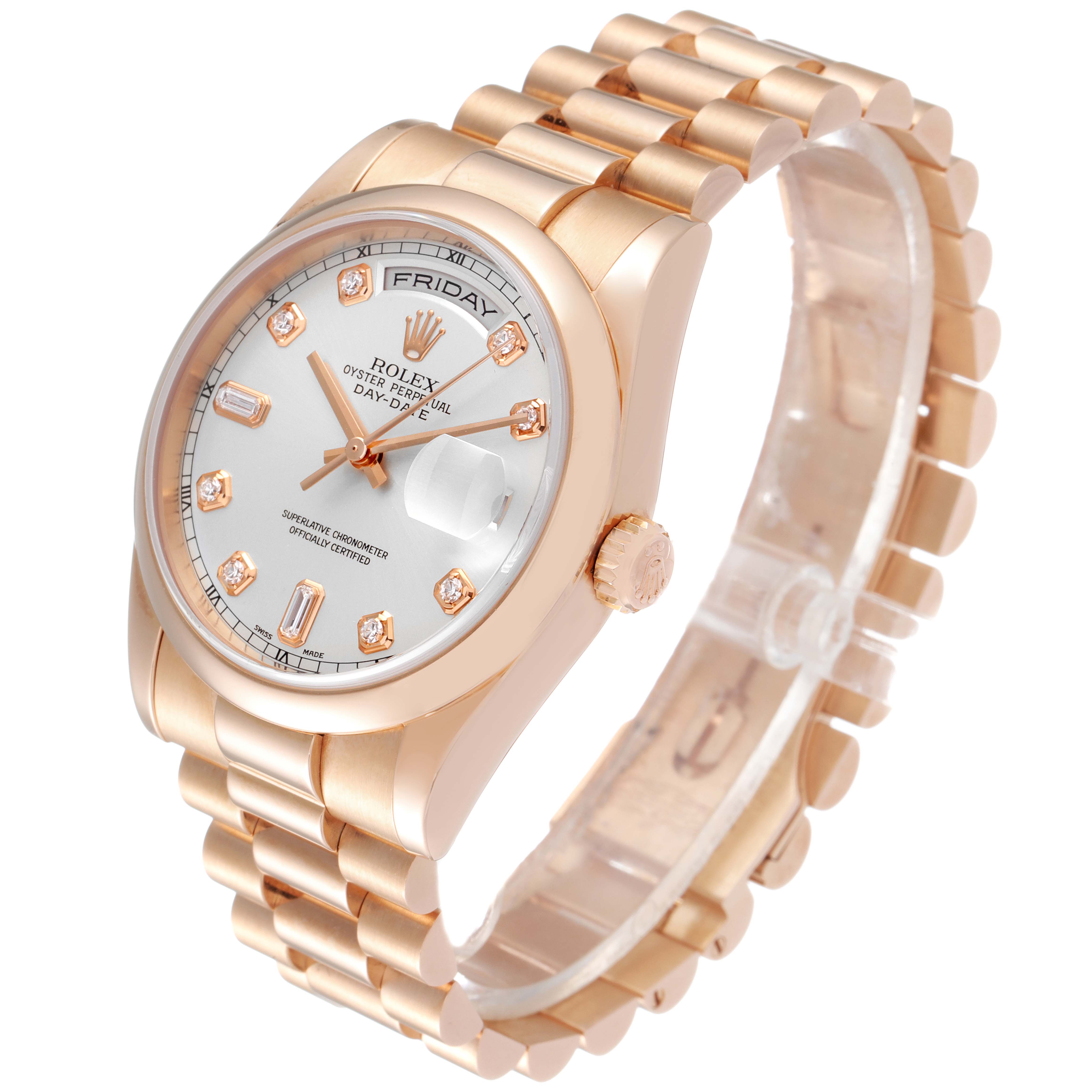 The Rolex President 118205 Men's Rose Gold Silver Dial 118205 Men's Rose Gold Silver Dial model watch is shown at an angle showcasing its dial, gold bracelet, and crown.