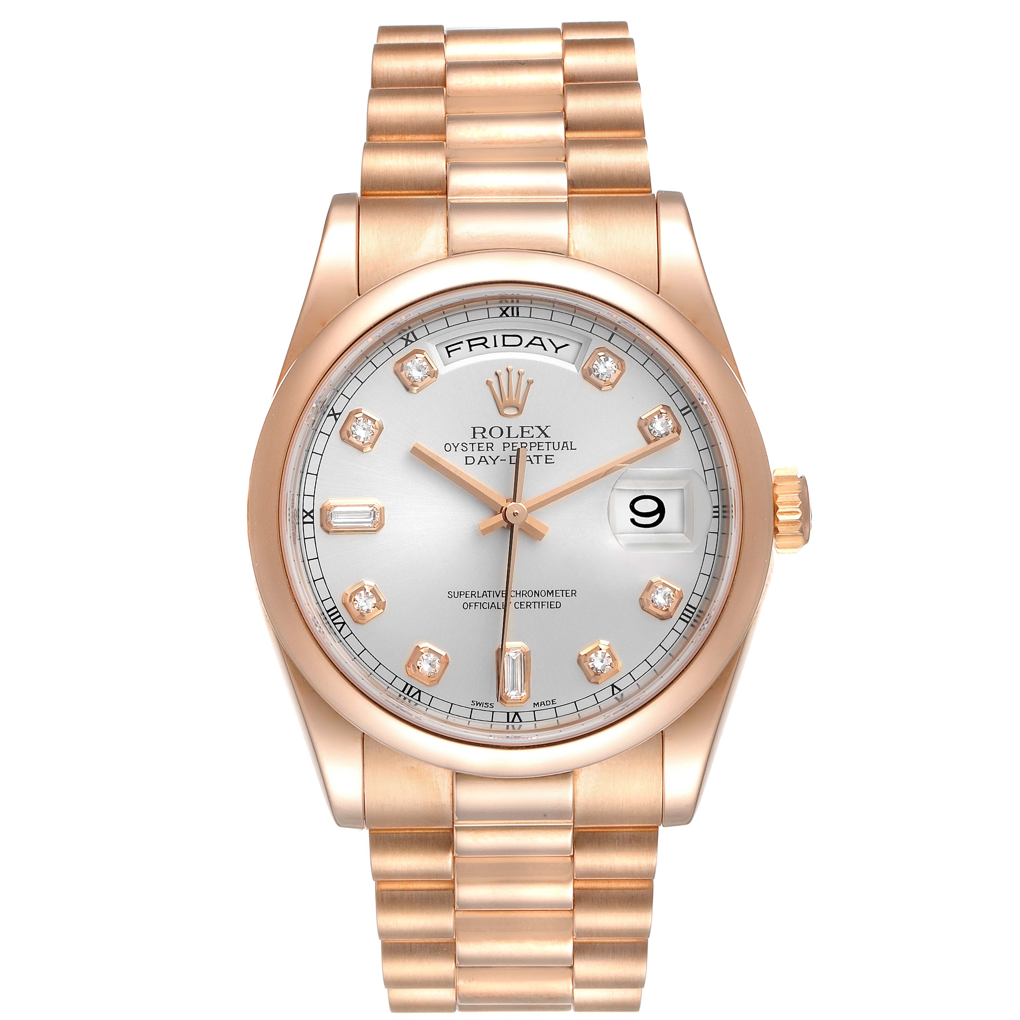 The image shows the Rolex President 118205 Men's Rose Gold Silver Dial 118205 Men's Rose Gold Silver Dial model watch from a front angle, highlighting its face, dial, and bracelet.