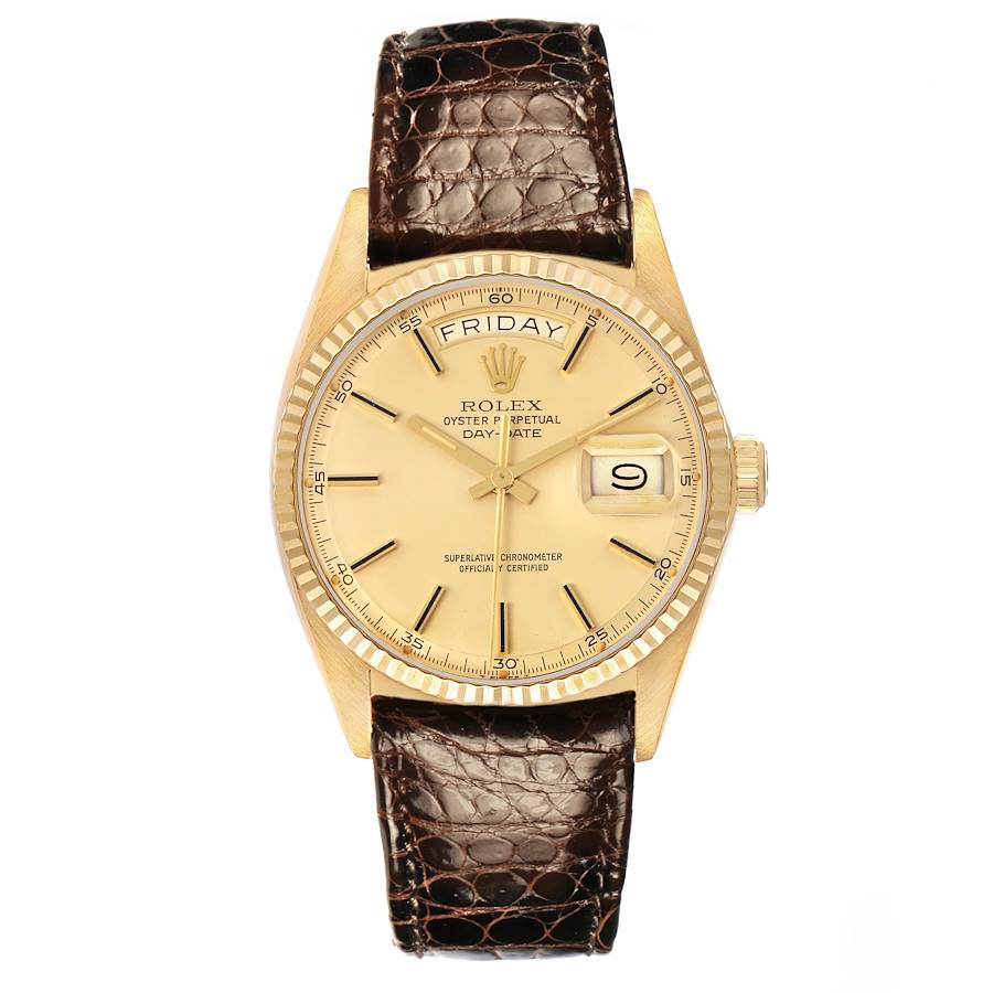 The Rolex President watch is shown from a front angle, displaying its gold dial, day-date feature, and brown leather strap.