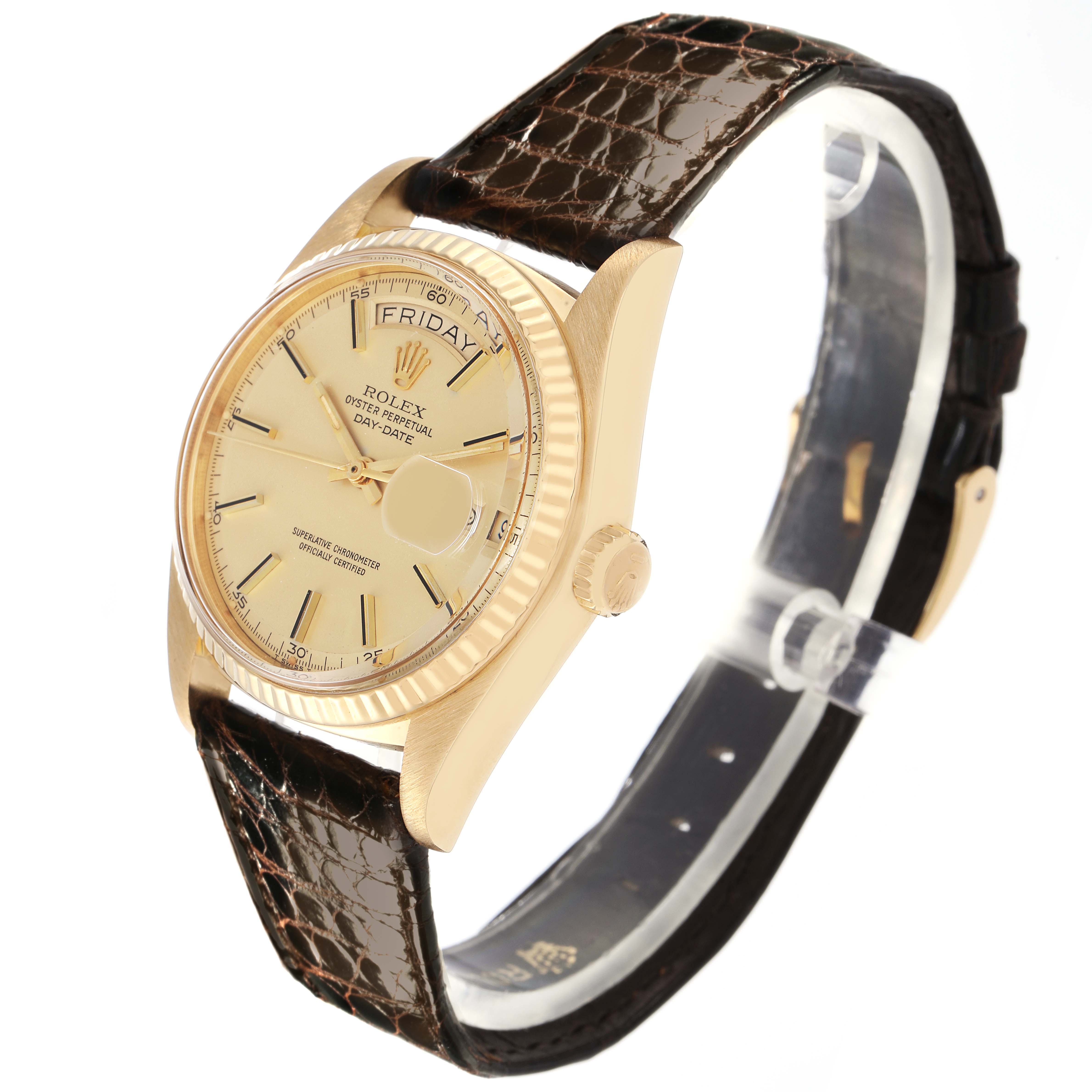 The Rolex President 1803 Men
s Yellow Gold Champagne Dial 1803 Men
s Yellow Gold Champagne Dial model watch is shown at an angle highlighting the face, bezel, crown, and leather strap.