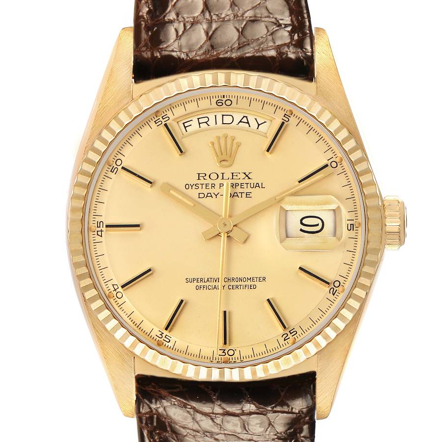 The Rolex President watch is shown from the front, displaying its dial, fluted bezel, date, and day features.