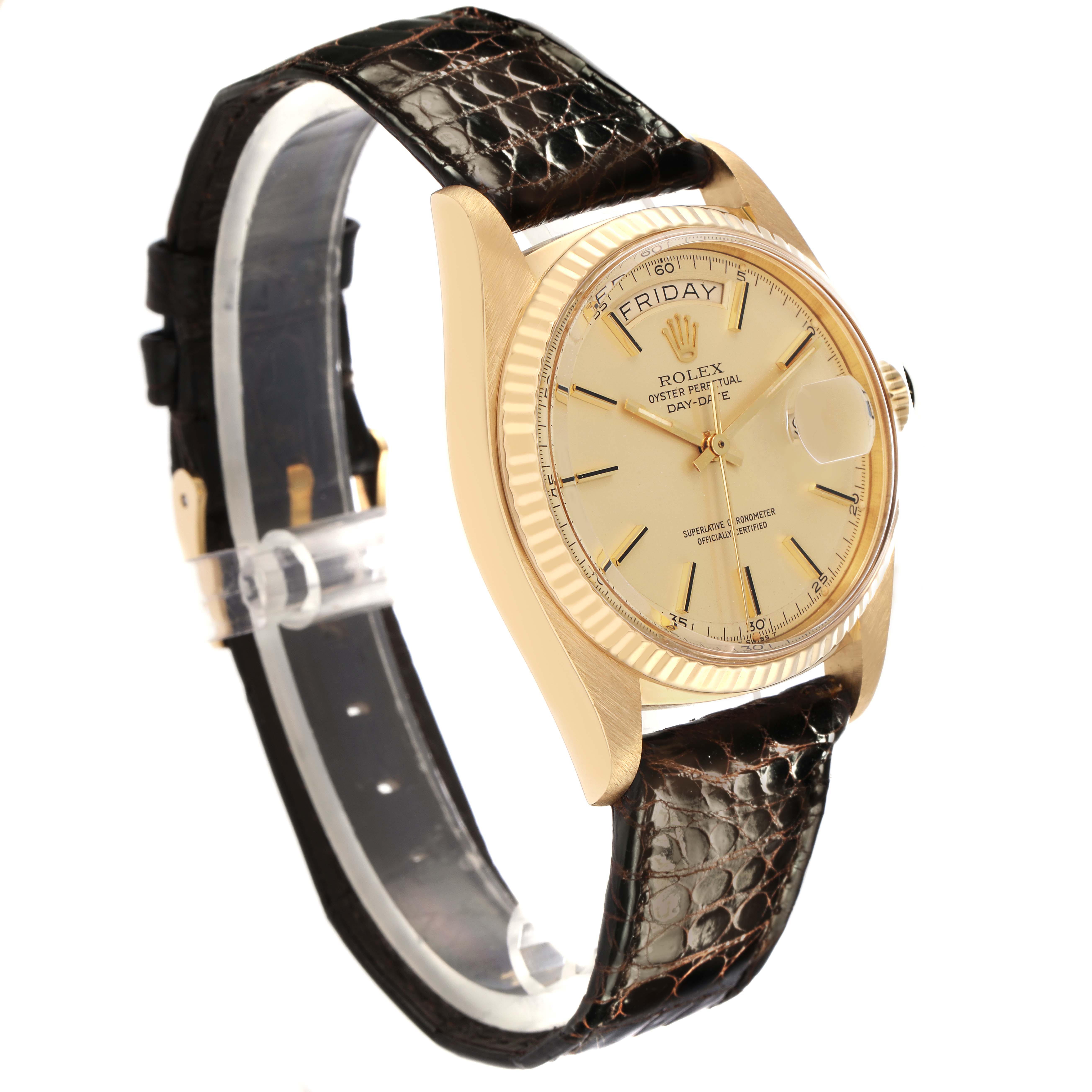 The Rolex President 1803 Men
s Yellow Gold Champagne Dial 1803 Men
s Yellow Gold Champagne Dial model watch is shown at a three-quarter angle, highlighting its dial, bezel, and leather strap.