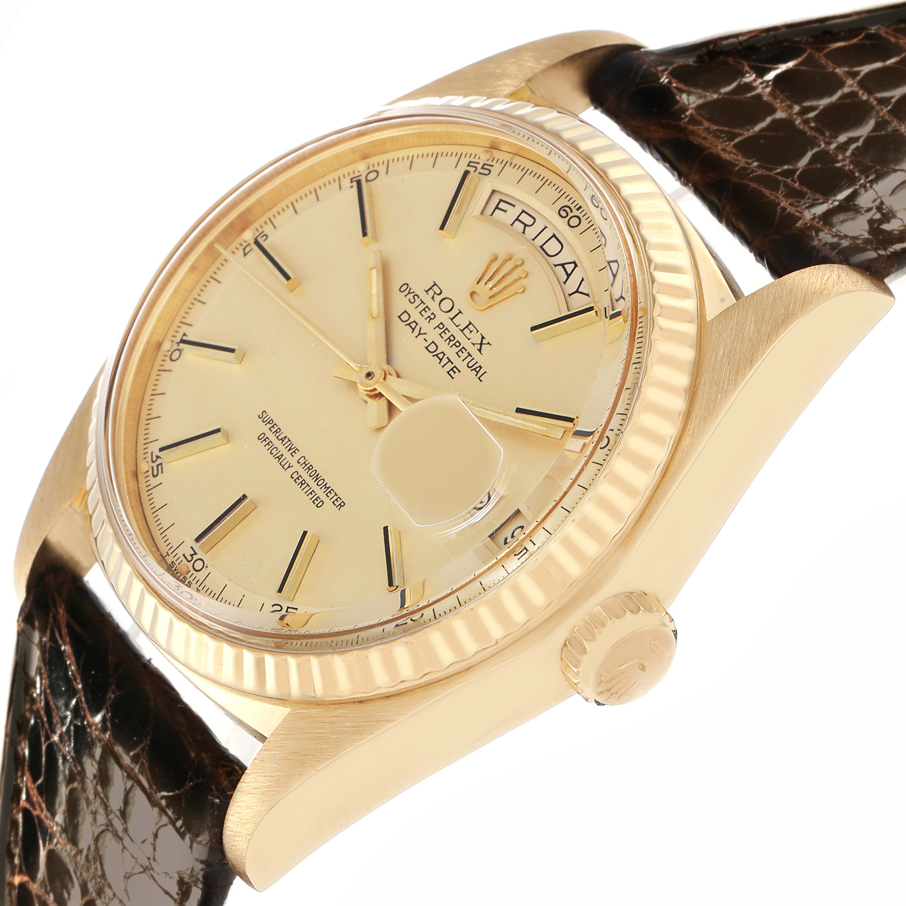 The Rolex President 1803 Men
s Yellow Gold Champagne Dial 1803 Men
s Yellow Gold Champagne Dial is displayed at a side angle, showing the face, crown, and leather strap on one side.