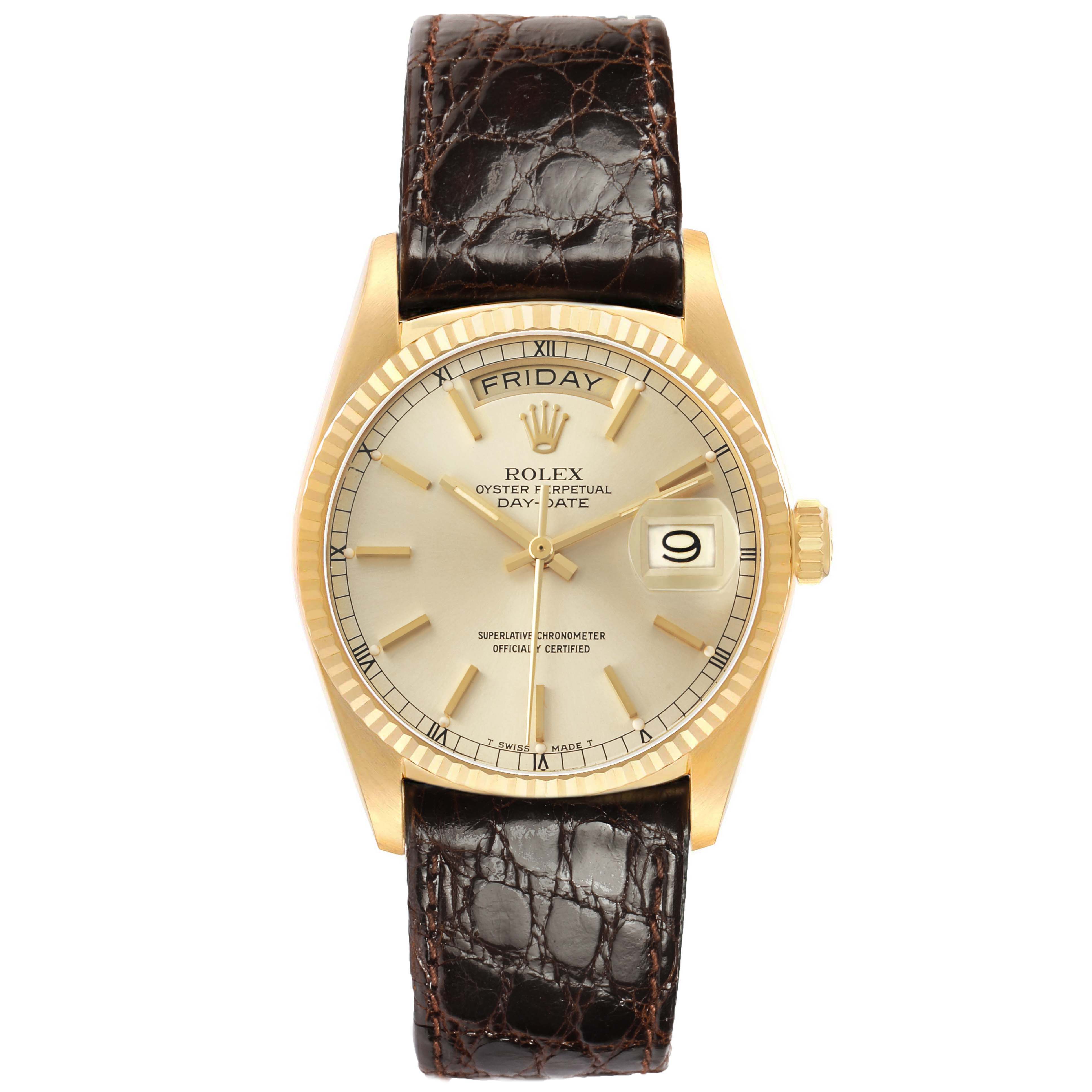 The Rolex President 18038 Men's Yellow Gold Champagne Dial watch is shown from the front, highlighting the face, dial, gold bezel, and leather strap.