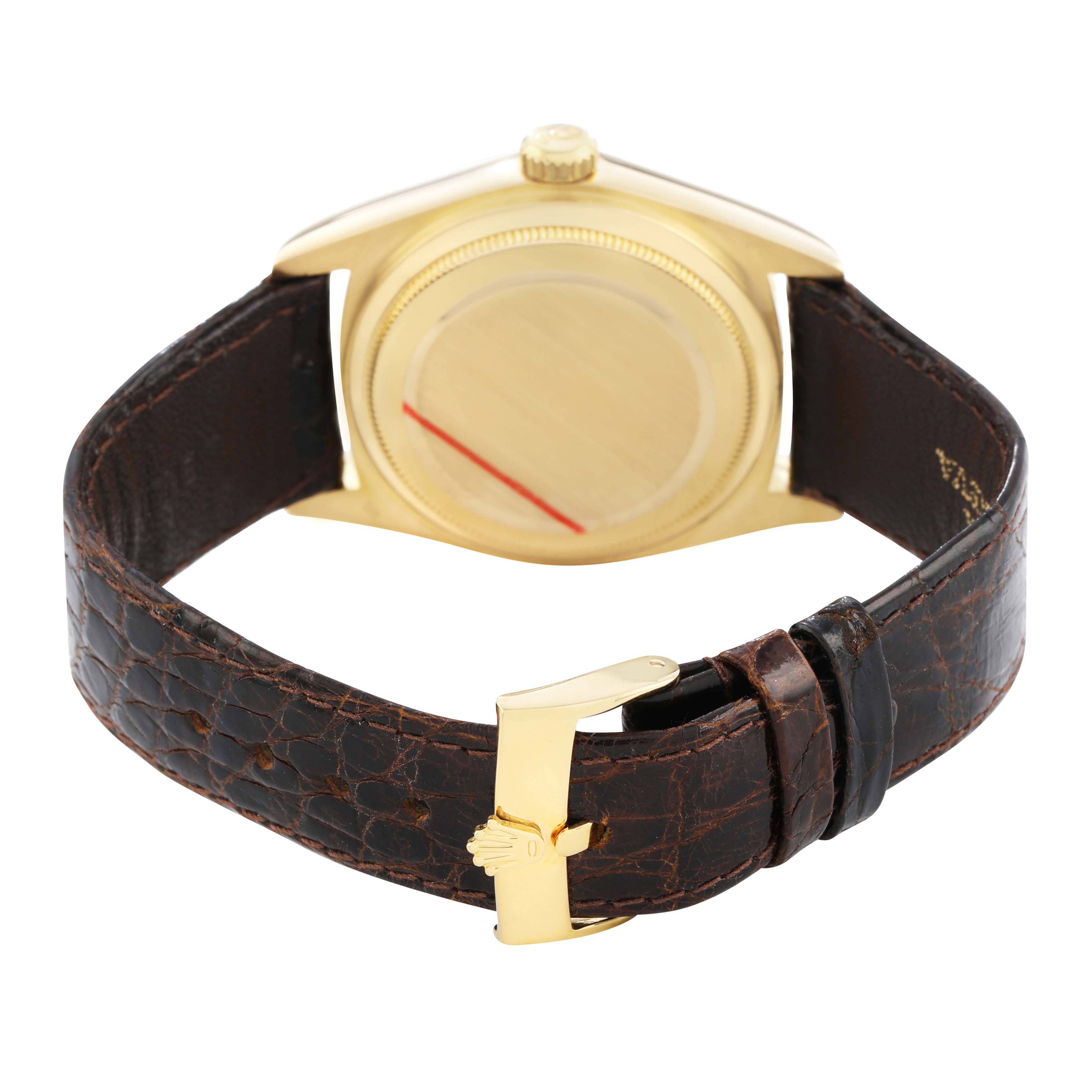 The image shows the back of a Rolex President 18038 Men's Yellow Gold Champagne Dial watch with a gold case and brown leather strap from a rear angle.