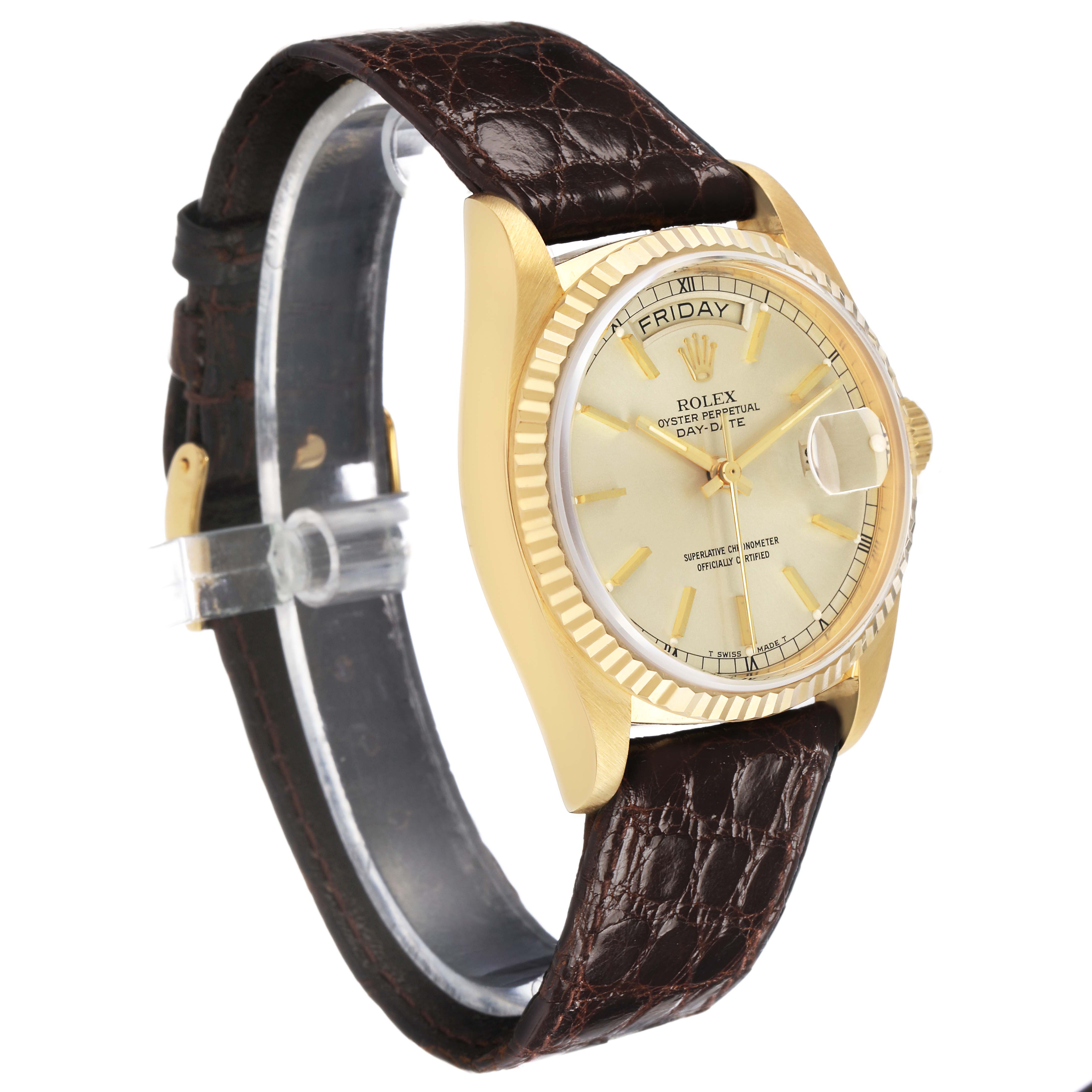 The Rolex President 18038 Men's Yellow Gold Champagne Dial model is shown at a side angle, highlighting the watch face, gold bezel, brown leather strap, and crown.