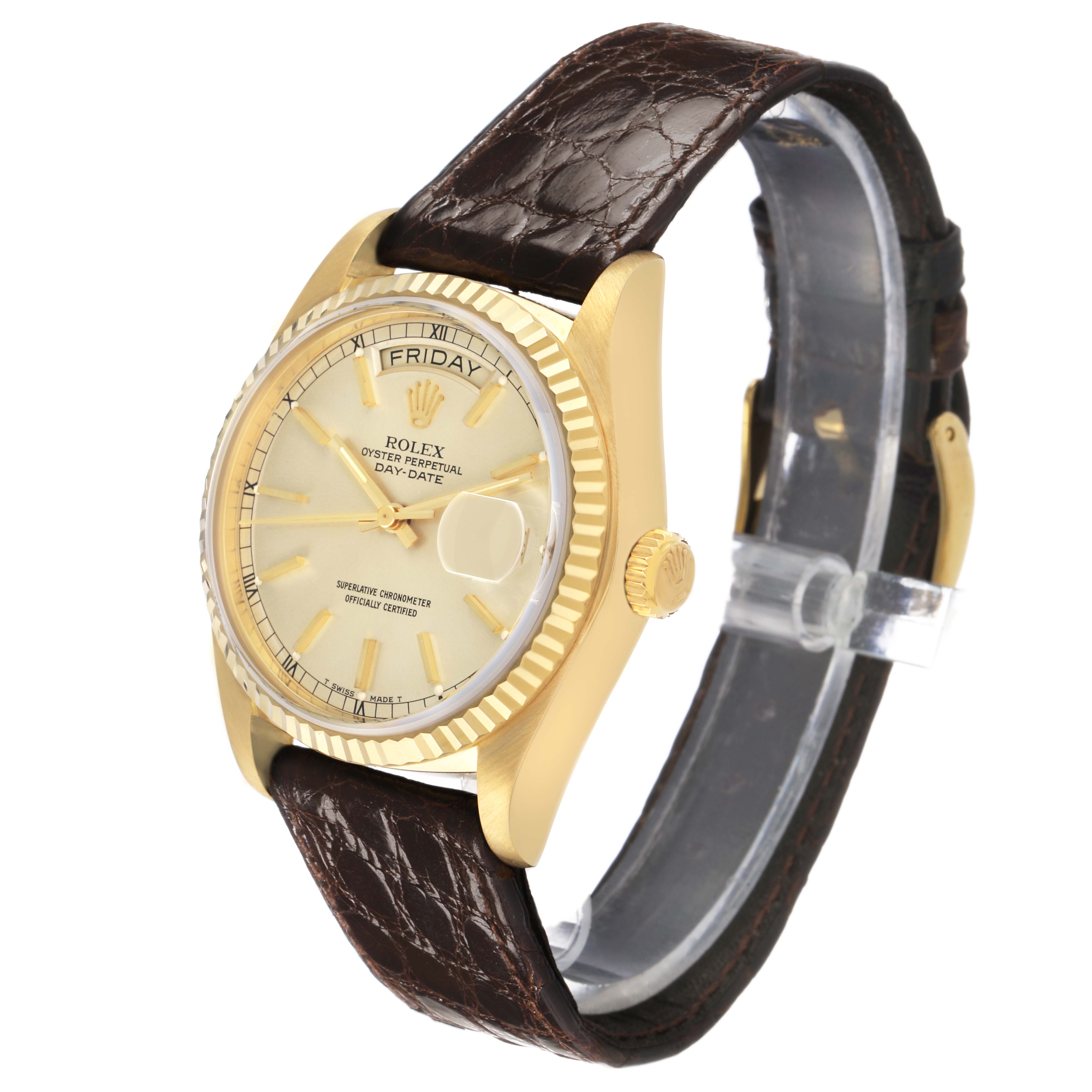 The Rolex President 18038 Men's Yellow Gold Champagne Dial model is shown at a slight angle, highlighting the dial, bezel, crown, and leather strap.