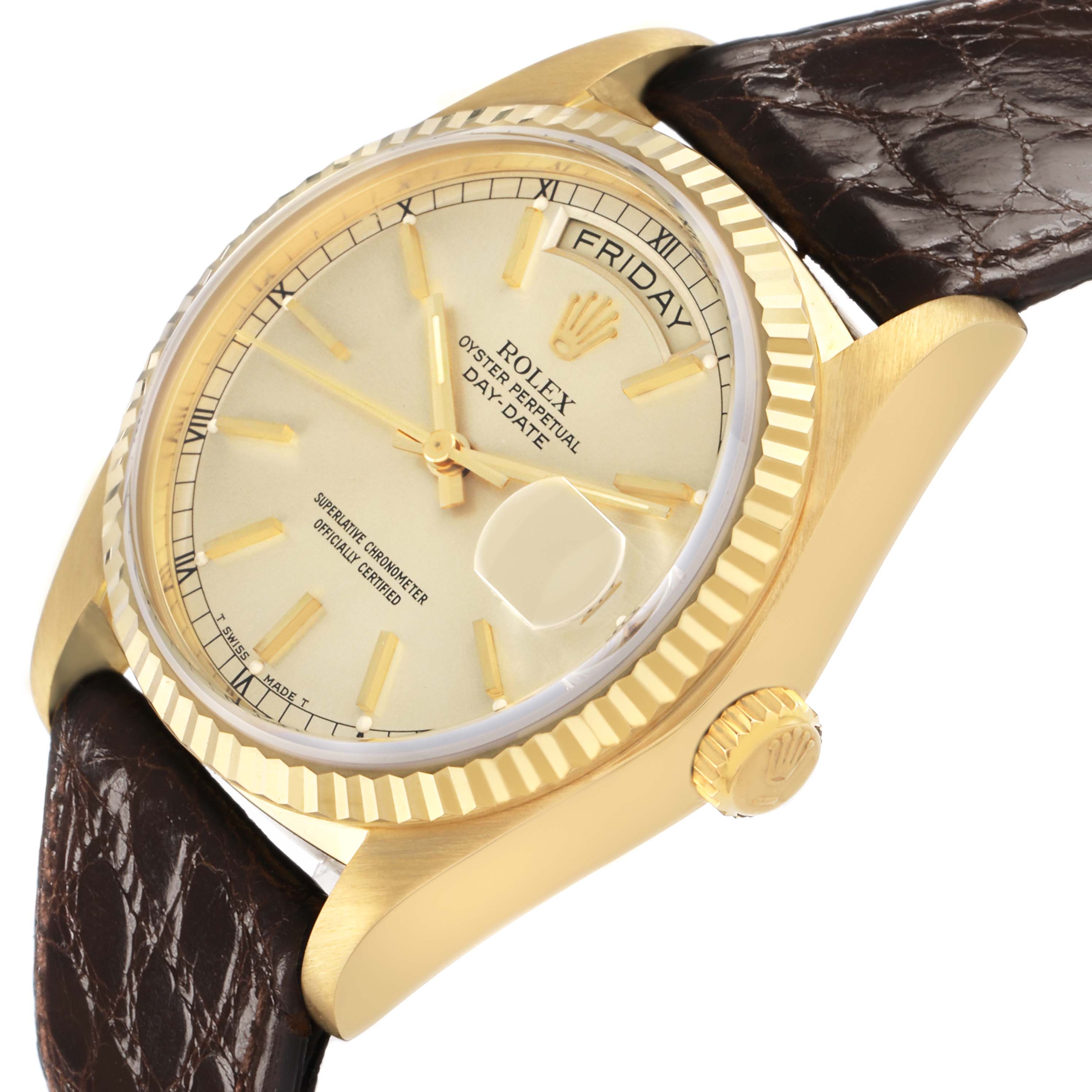 The Rolex President 18038 Men's Yellow Gold Champagne Dial model is shown at a three-quarter angle, displaying the dial, fluted bezel, crown, and leather strap.