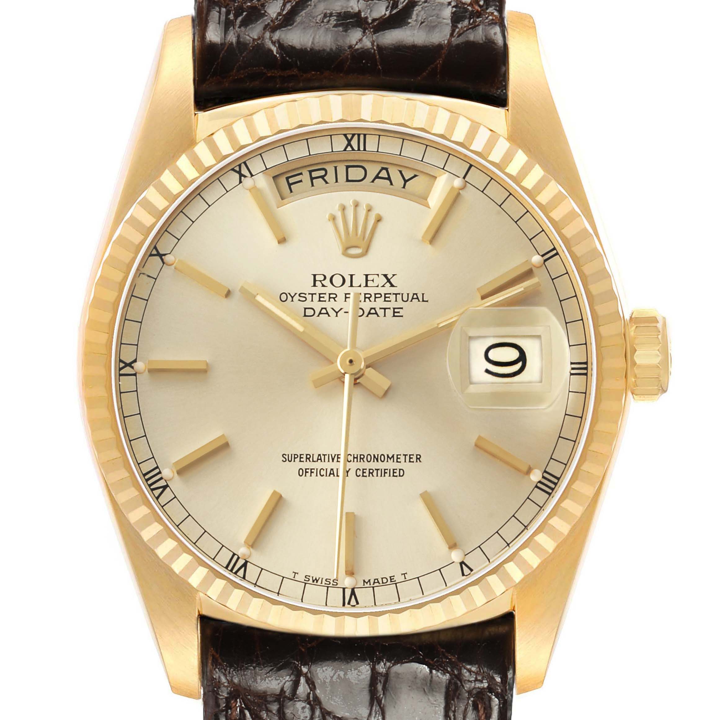 The Rolex President 18038 Men's Yellow Gold Champagne Dial model is shown from the front, displaying the dial, day, date, and fluted bezel.