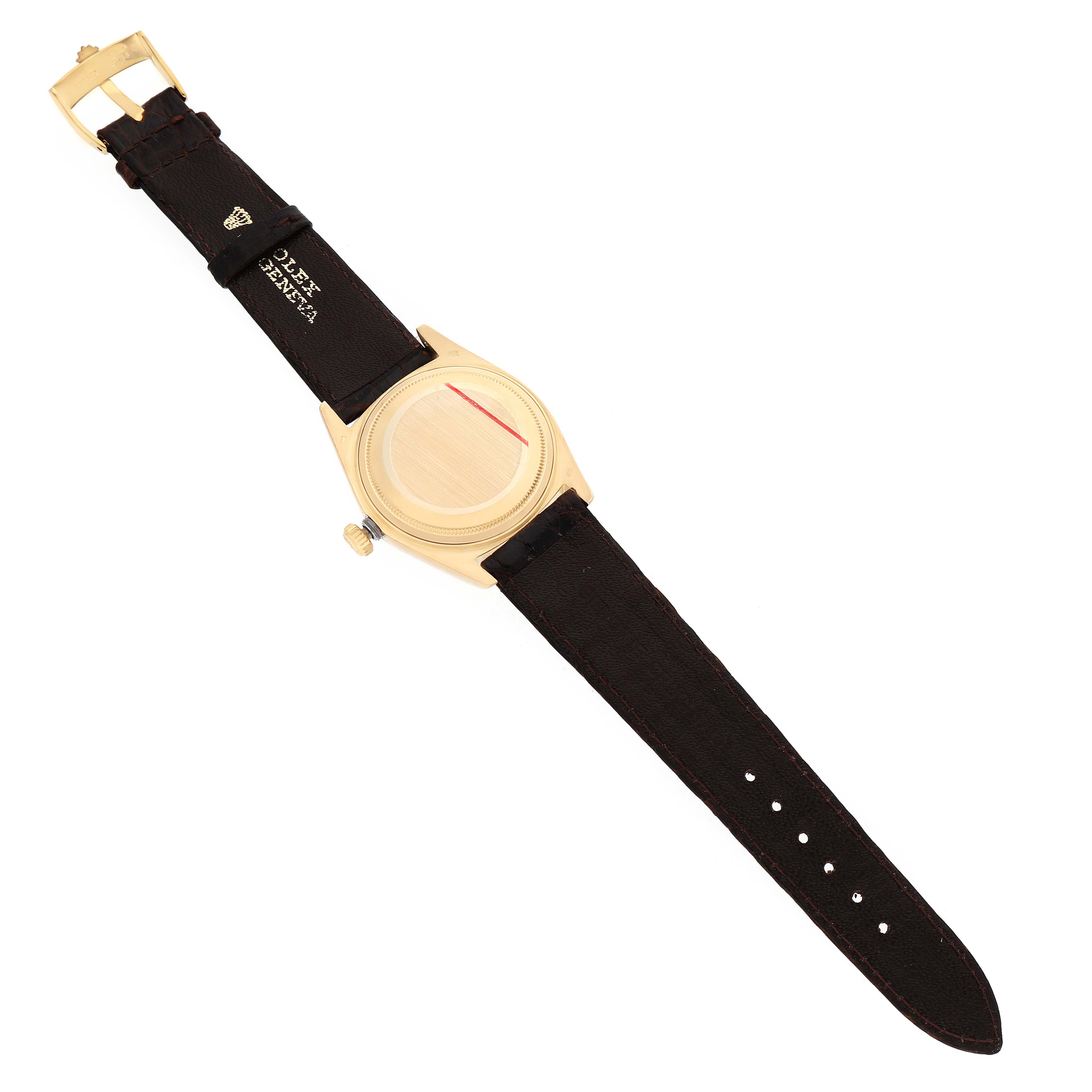The image shows the back of a Rolex President 18038 Men's Yellow Gold Champagne Dial model watch with a leather strap and gold-tone buckle.