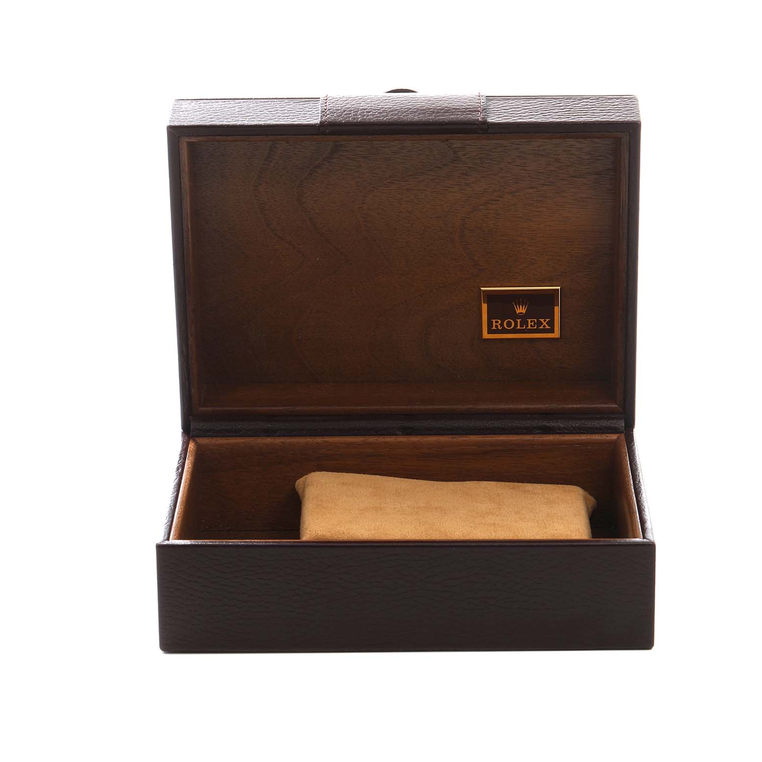 The image shows an open Rolex President 18038 Men's Yellow Gold Champagne Dial model watch box from a front angle, displaying the interior and a beige cushion.