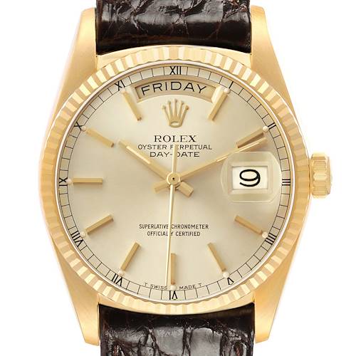 The Rolex President 18038 Mens Yellow Gold Champagne Dial watch is shown from the front, displaying the dial, bezel, crown, and strap.