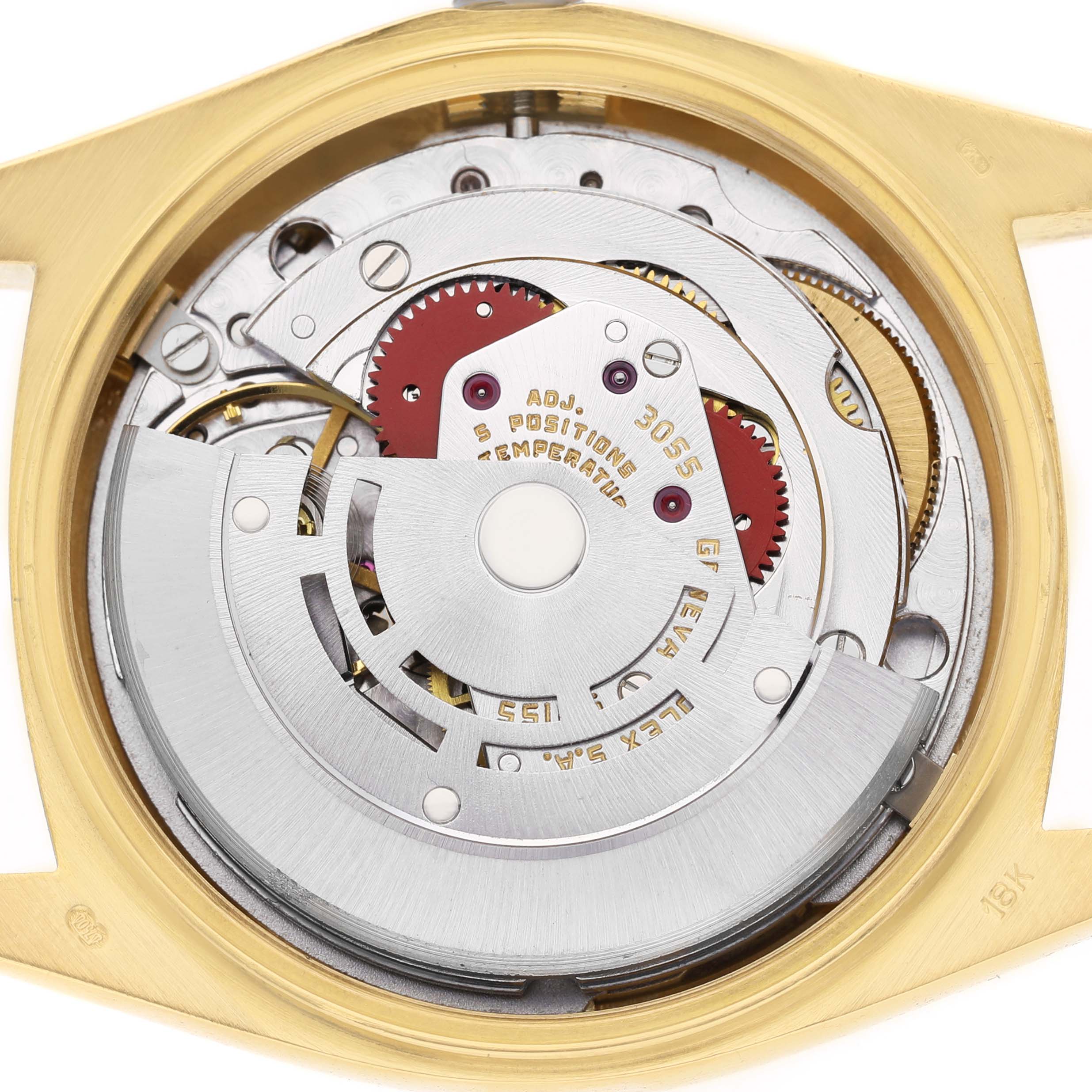 The image shows the internal movement mechanism of a Rolex President 18038 Men's Yellow Gold Champagne Dial model watch.