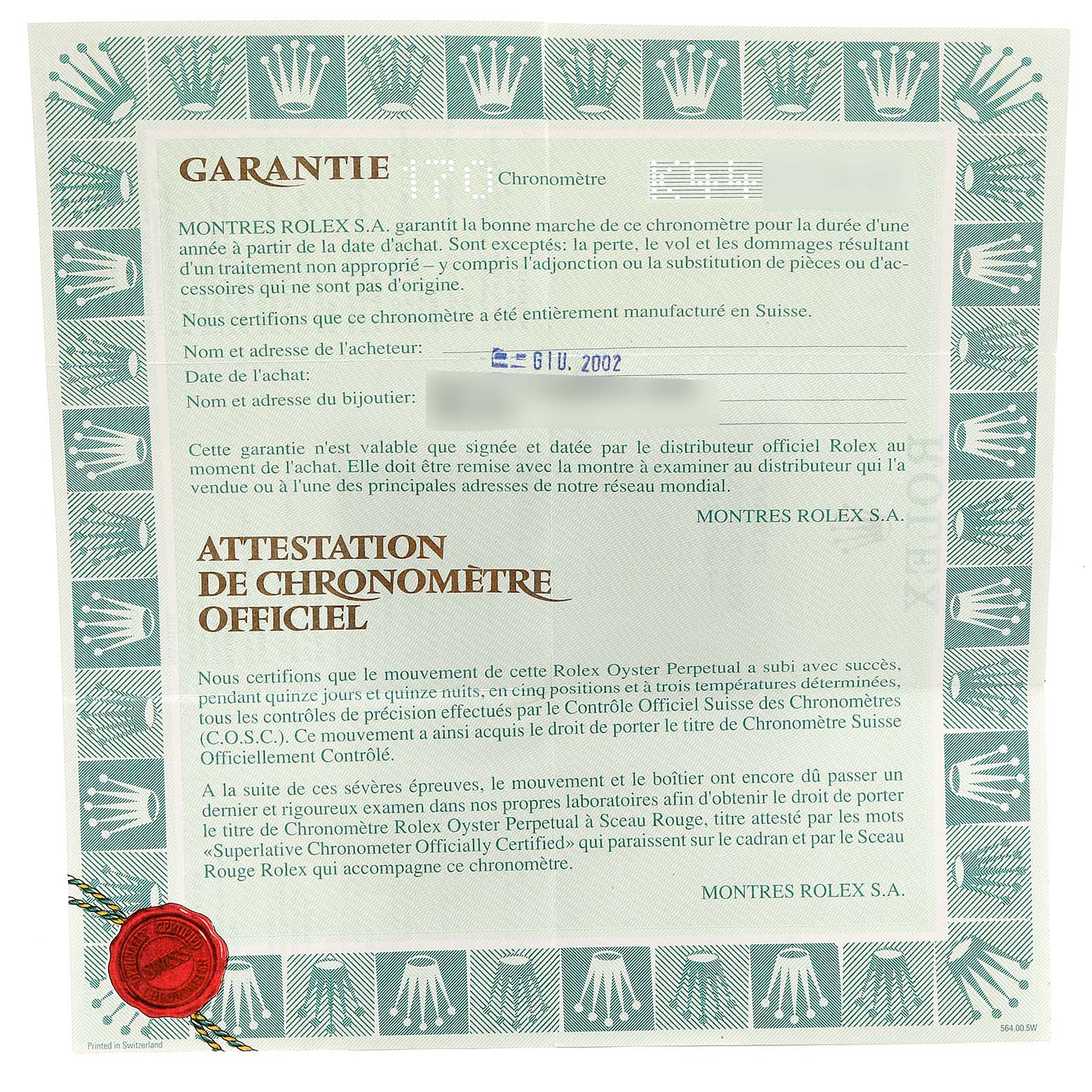 The image shows a warranty and certification document for a Rolex President 118238 Men
s Yellow Gold Black Dial 118238 Men
s Yellow Gold Black Dial model watch.