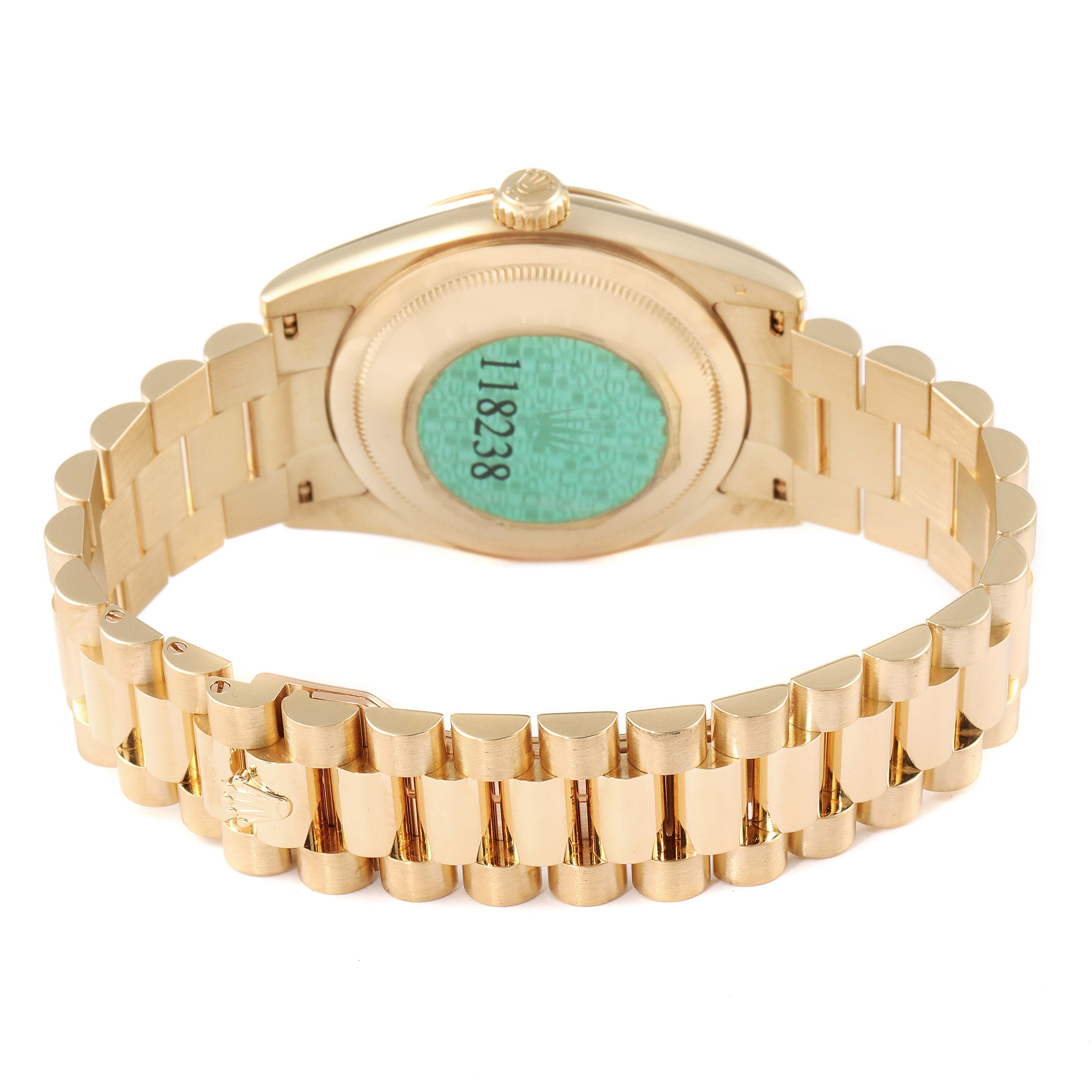 This image shows the back case and bracelet of a Rolex President 118238 Men
s Yellow Gold Black Dial 118238 Men
s Yellow Gold Black Dial model watch, viewed from the rear.