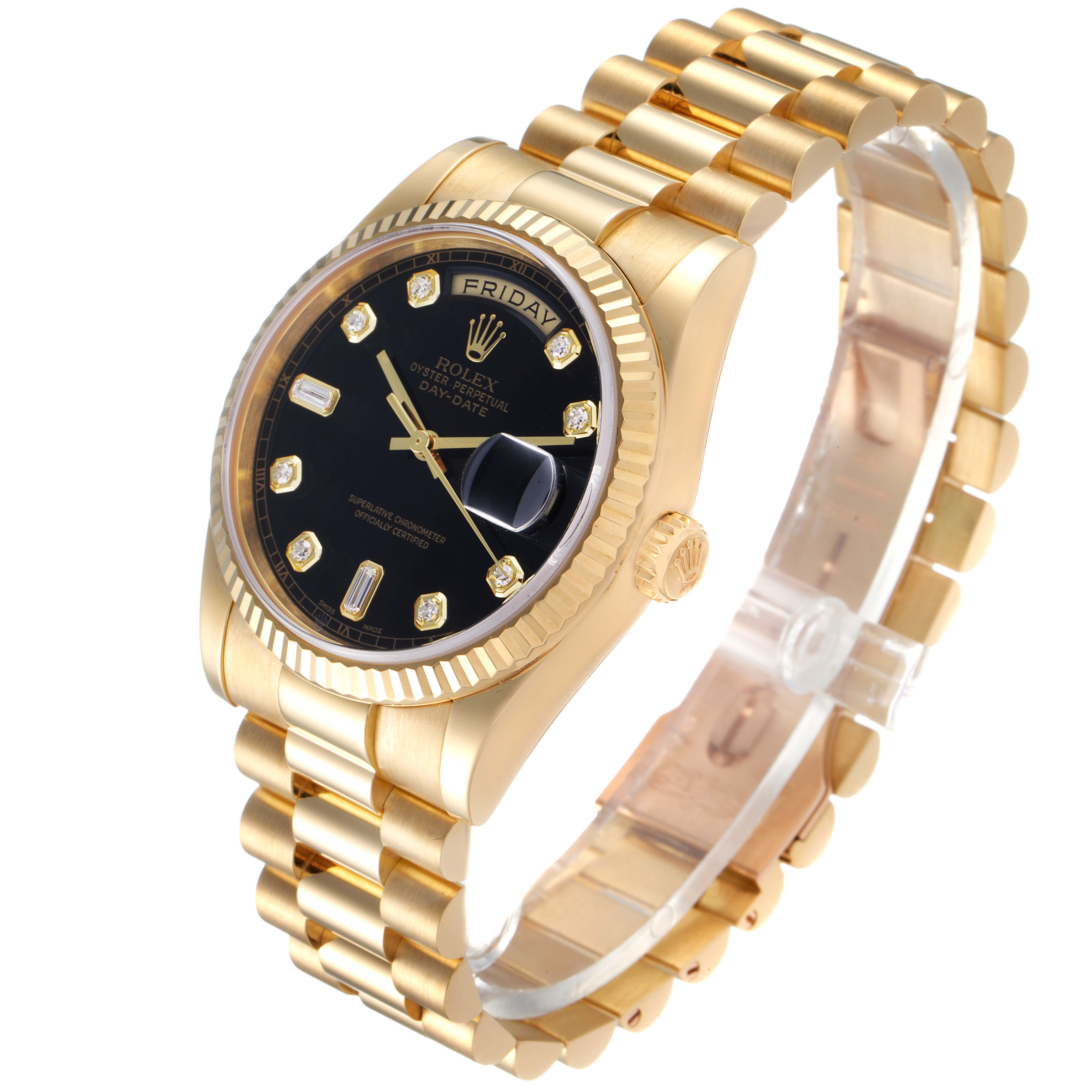 The image shows a Rolex President 118238 Men
s Yellow Gold Black Dial 118238 Men
s Yellow Gold Black Dial model watch from a front angle, highlighting the black dial, diamond markers, fluted bezel, and gold bracelet.