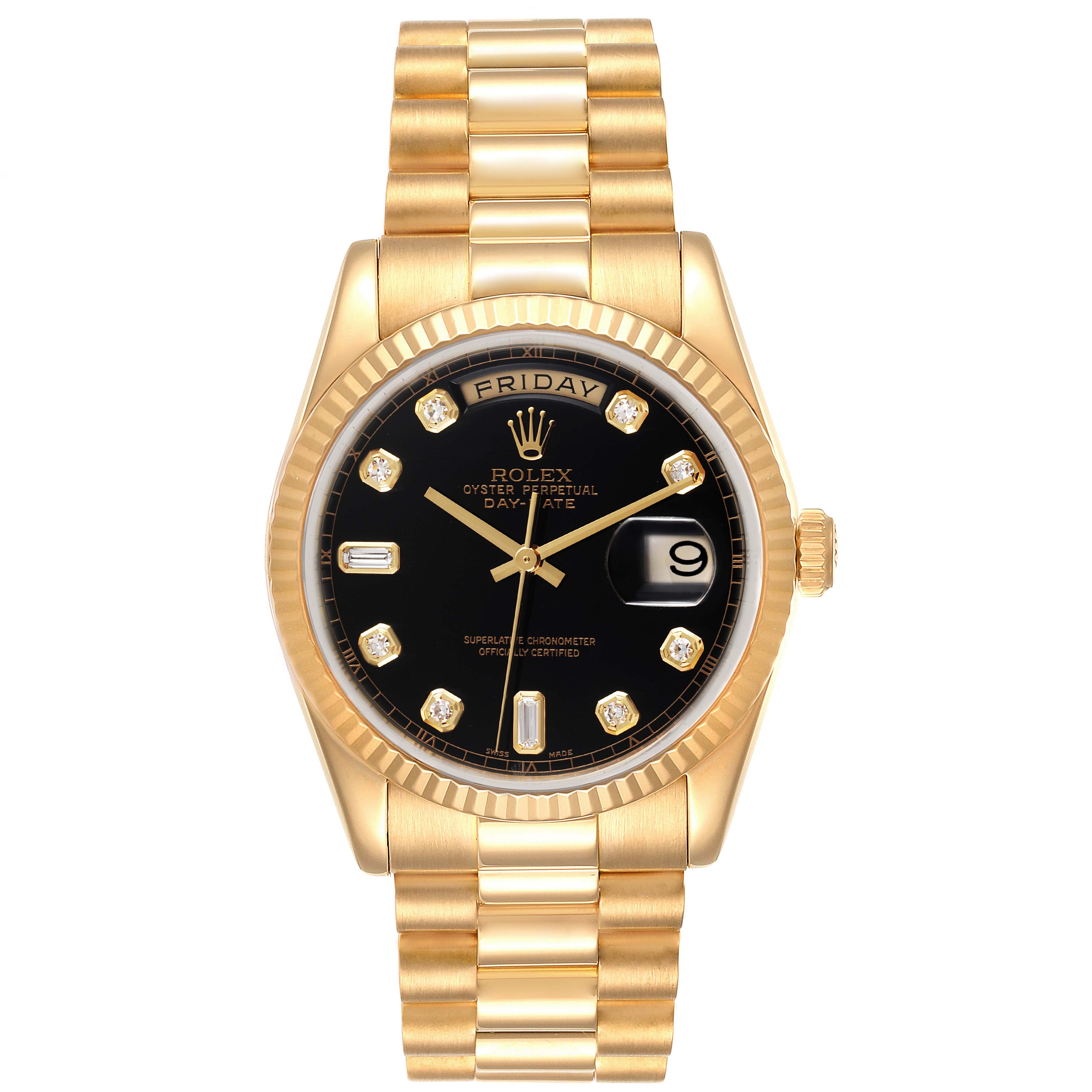 The image shows a front view of a Rolex President 118238 Men
s Yellow Gold Black Dial 118238 Men
s Yellow Gold Black Dial model watch, highlighting its gold bracelet, black dial, and diamond markers.