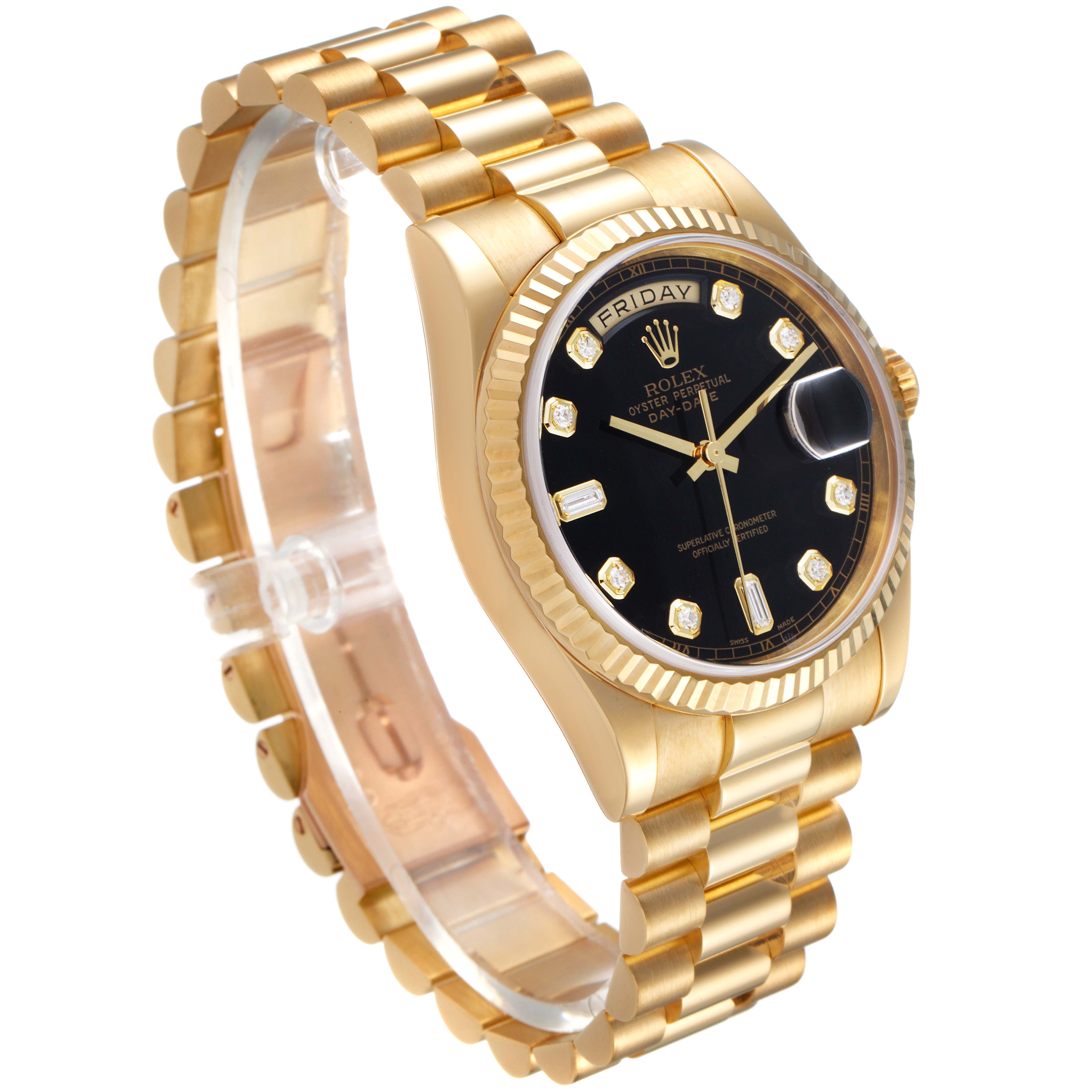 The President model Rolex watch is shown at an oblique angle, highlighting its gold bracelet, black dial, and fluted bezel.