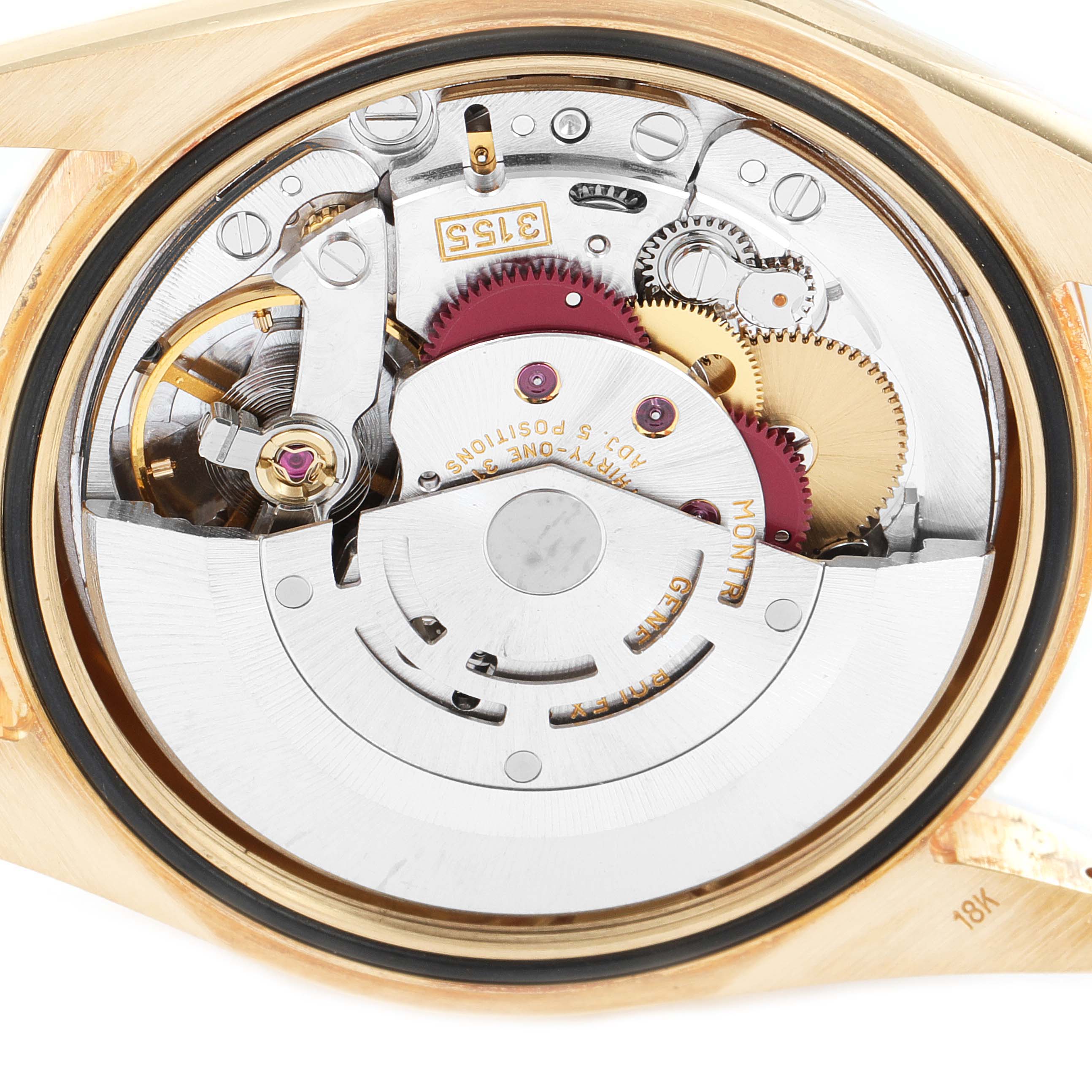 This image shows the internal mechanics and movement of a Rolex President 118238 Men
s Yellow Gold Black Dial 118238 Men
s Yellow Gold Black Dial model watch from a case back angle.