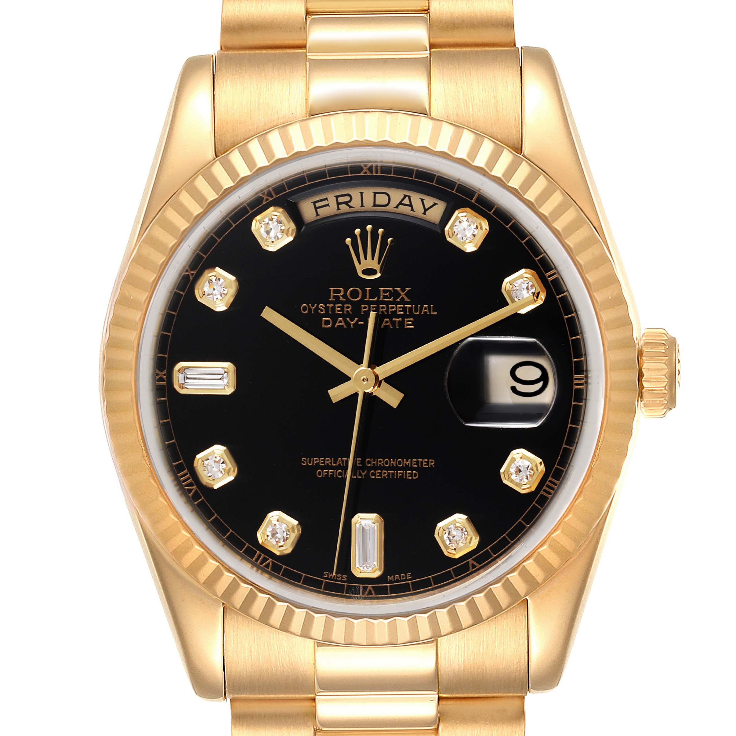The image shows a Rolex President 118238 Men
s Yellow Gold Black Dial 118238 Men
s Yellow Gold Black Dial model watch from a front angle displaying the face, dial, bezel, and bracelet.