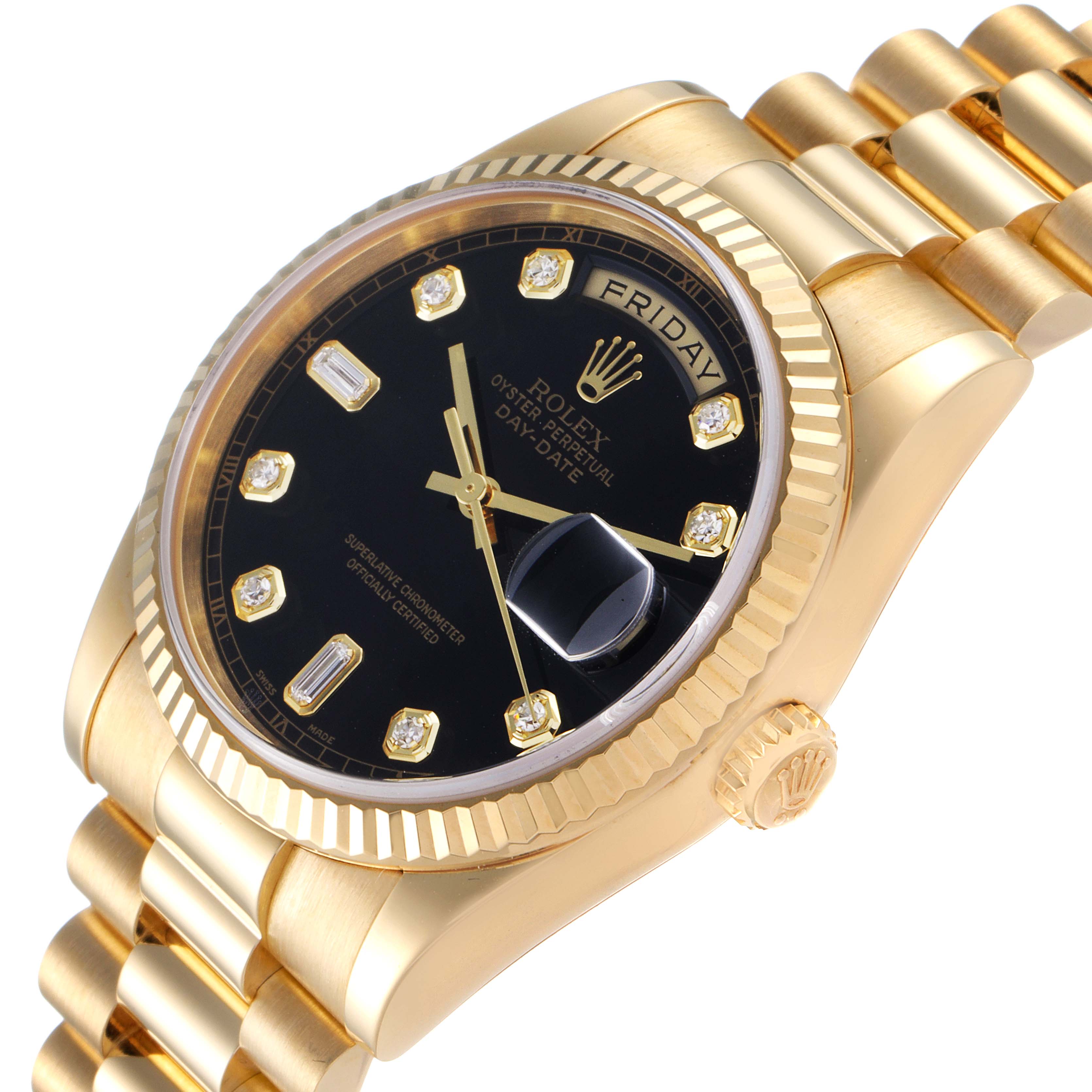 The image shows a Rolex President 118238 Men
s Yellow Gold Black Dial 118238 Men
s Yellow Gold Black Dial watch angled slightly from above, focusing on the bezel, black face, diamond markers, and part of the gold bracelet.