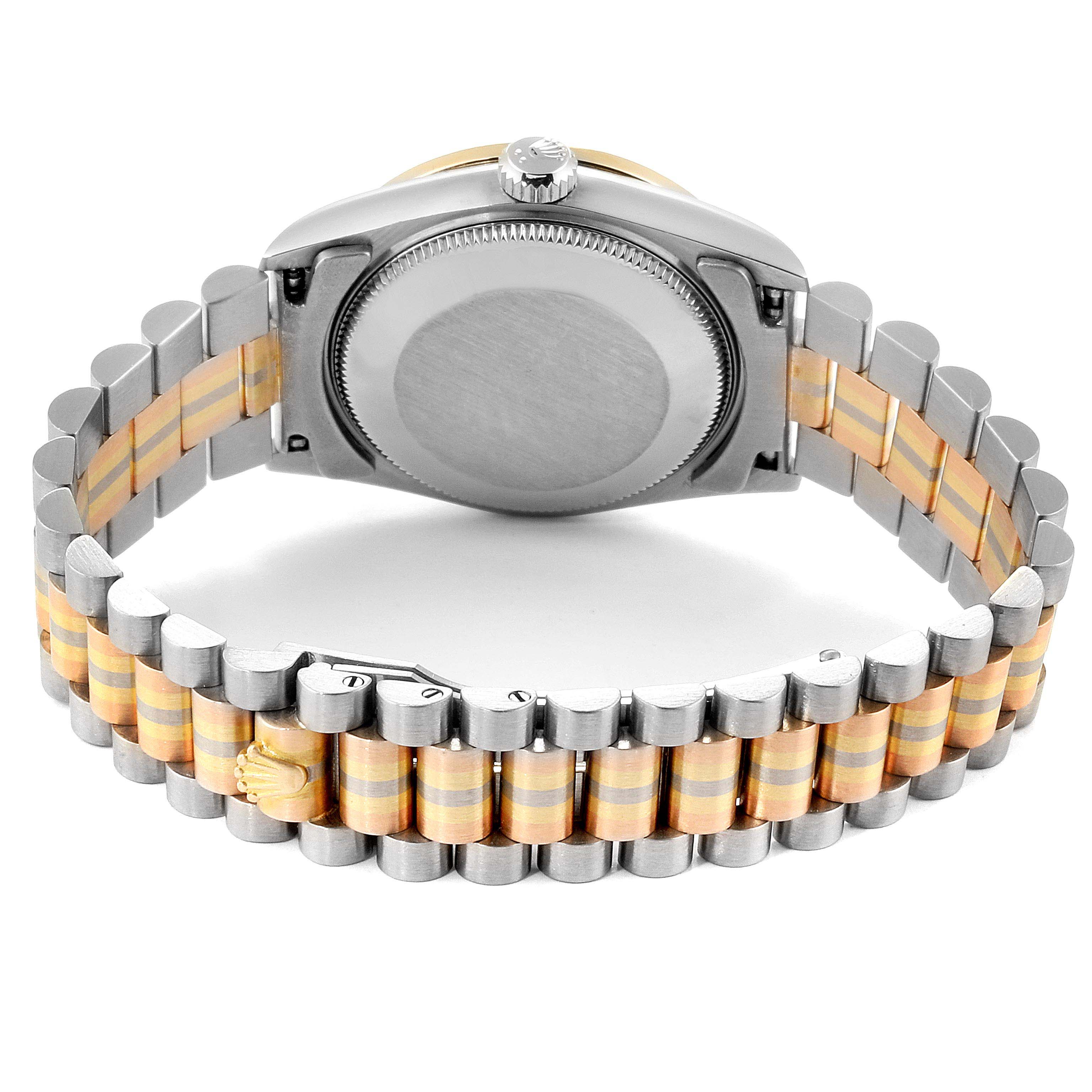 This image shows the back case and bracelet of a Rolex President 68149 Women's Yellow Gold Brown Dial 68149 Women's Yellow Gold Brown Dial model watch, highlighting its two-tone metal links.