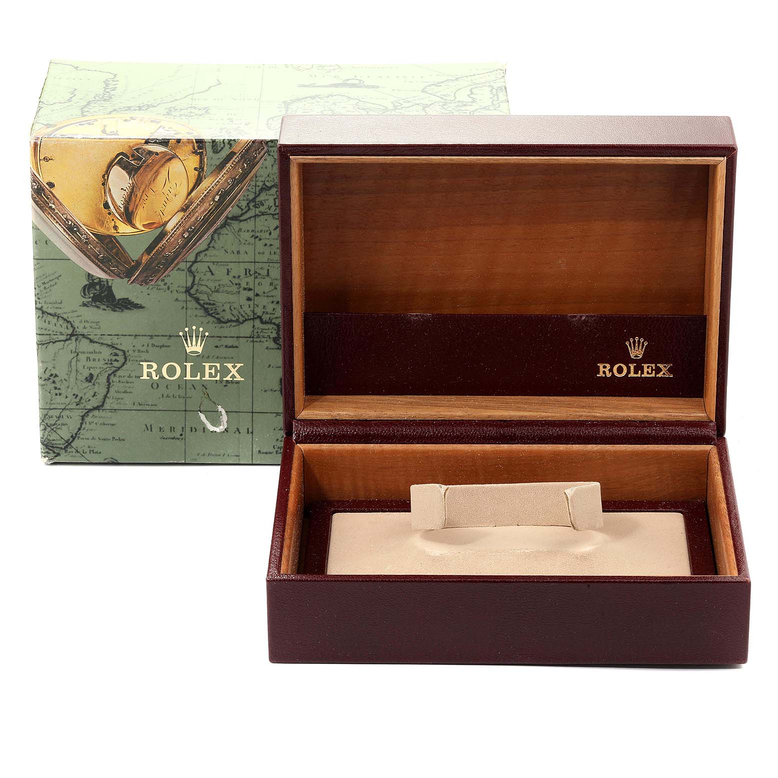 This image shows an open Rolex President 68149 Women's Yellow Gold Brown Dial 68149 Women's Yellow Gold Brown Dial model watch box with its outer packaging.