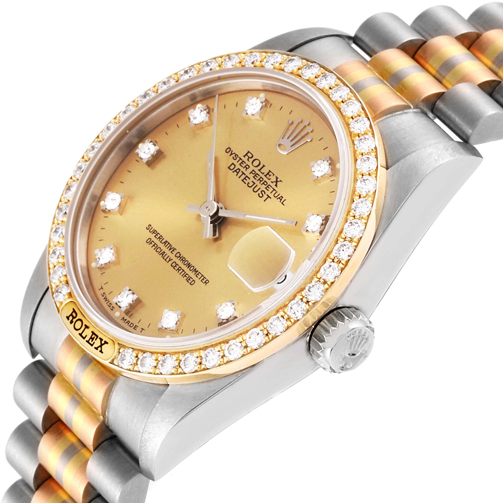 The Rolex President 68149 Women's Yellow Gold Brown Dial 68149 Women's Yellow Gold Brown Dial model is shown from a side angle, displaying its diamond bezel, gold dial, and two-tone bracelet.