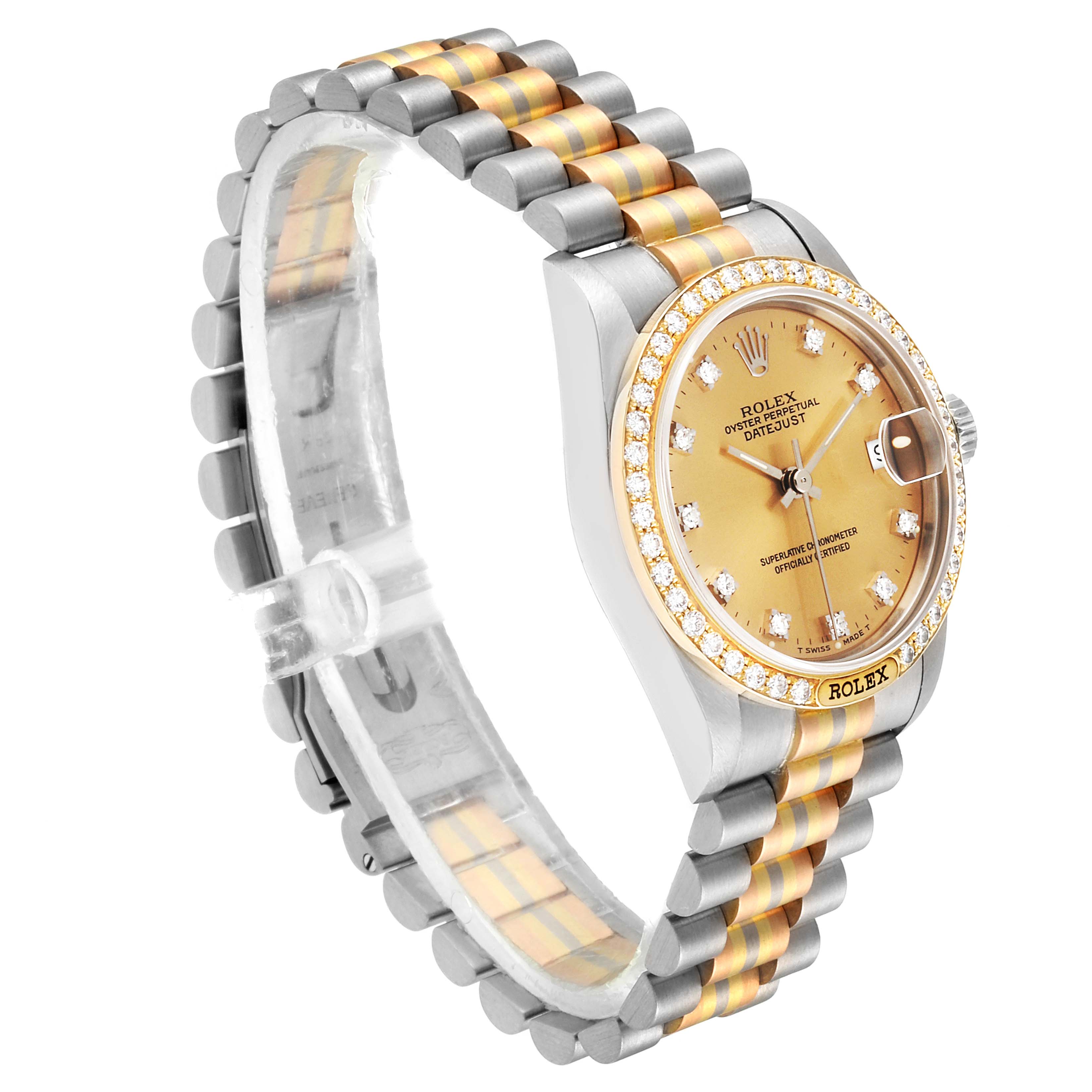 The image shows a side and partial front-angle view of a Rolex President 68149 Women's Yellow Gold Brown Dial 68149 Women's Yellow Gold Brown Dial model watch, displaying its dial, bezel, and bracelet.