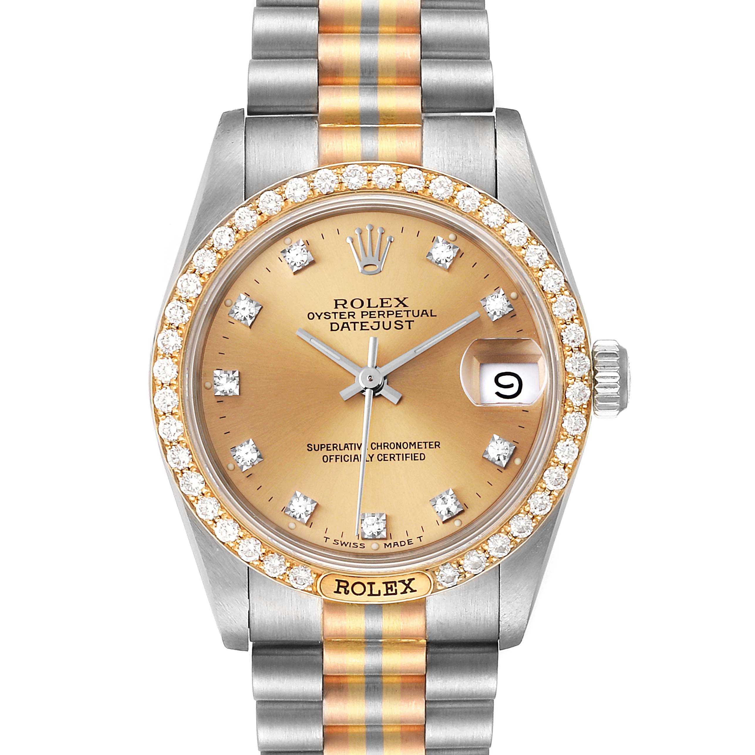 This Rolex President 68149 Women's Yellow Gold Brown Dial 68149 Women's Yellow Gold Brown Dial model watch is shown from the front, highlighting its face, bezel, and bracelet.
