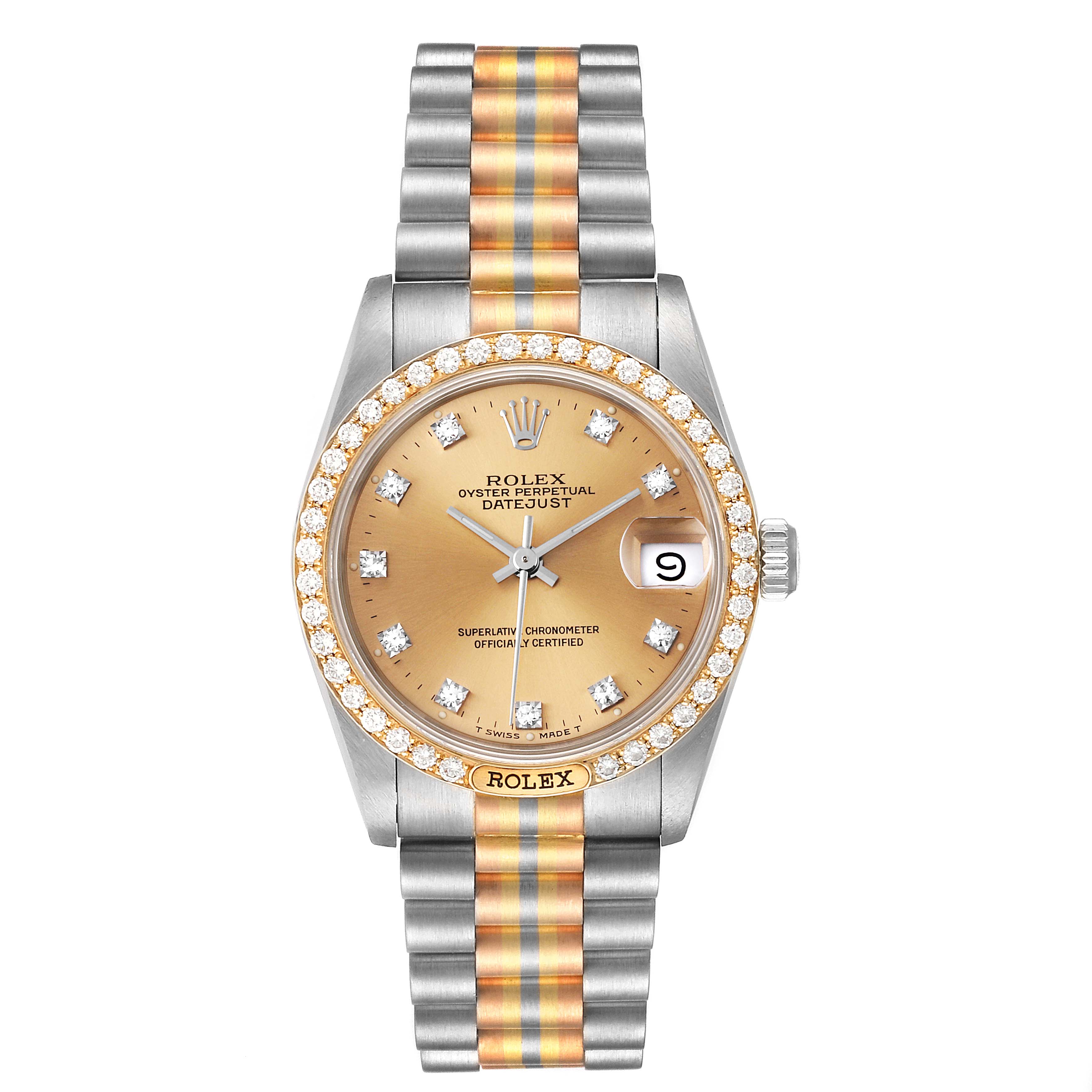 This image shows a frontal view of the Rolex President 68149 Women's Yellow Gold Brown Dial 68149 Women's Yellow Gold Brown Dial model watch, showcasing its dial, bezel, and bracelet.