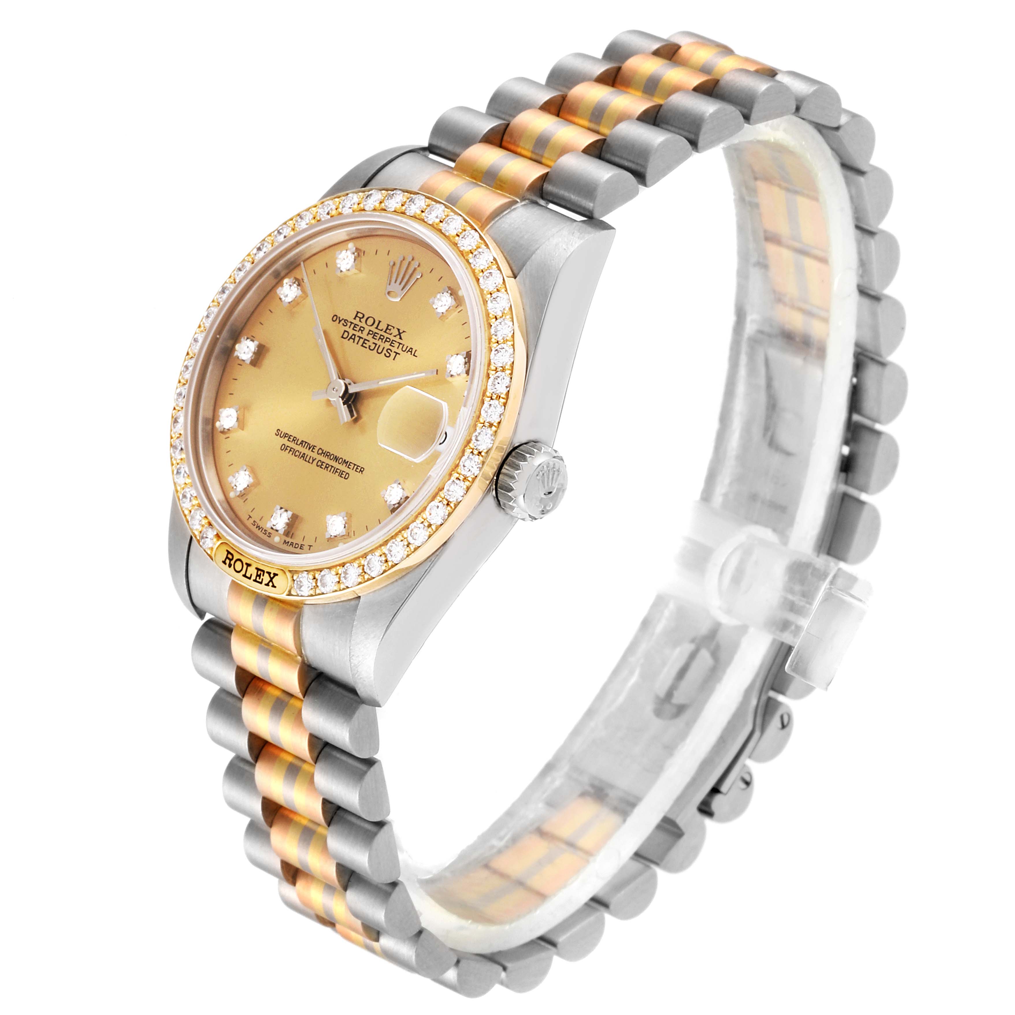 This image shows the Rolex President 68149 Women's Yellow Gold Brown Dial 68149 Women's Yellow Gold Brown Dial model watch at a three-quarter angle, highlighting its face, bezel, and bracelet.