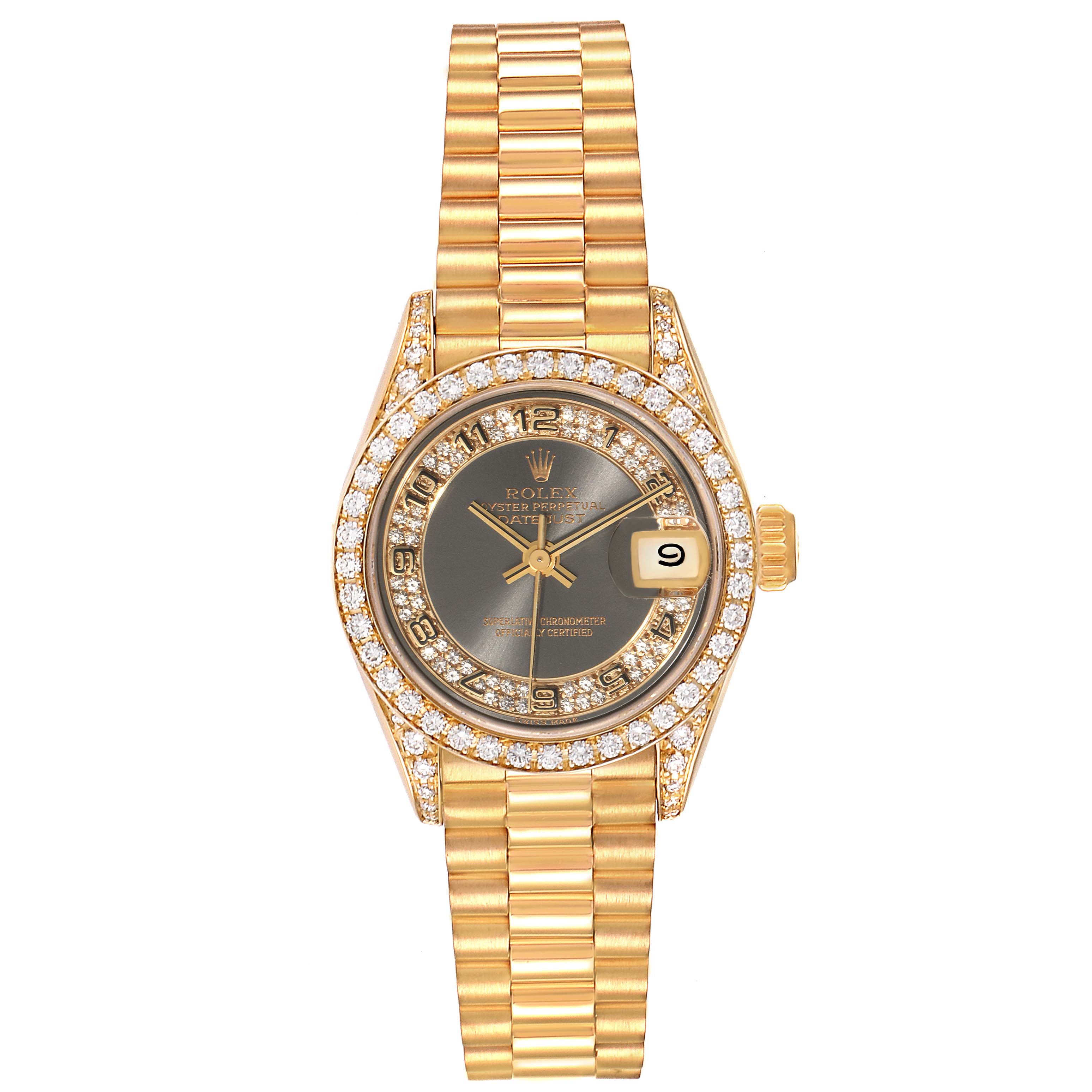This image shows a frontal view of the Rolex President 69158 Women's Yellow Gold Grey Dial 69158 Women's Yellow Gold Grey Dial model watch, featuring its dial, bracelet, bezel, and date window.