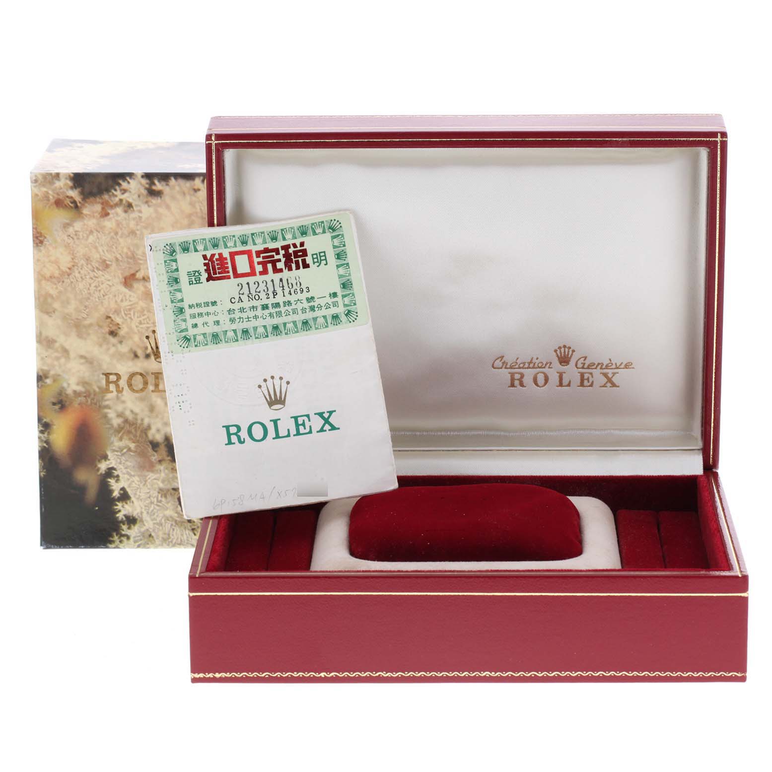 This image shows an empty Rolex President 69158 Women's Yellow Gold Grey Dial 69158 Women's Yellow Gold Grey Dial model watch box along with its warranty card and outer packaging.