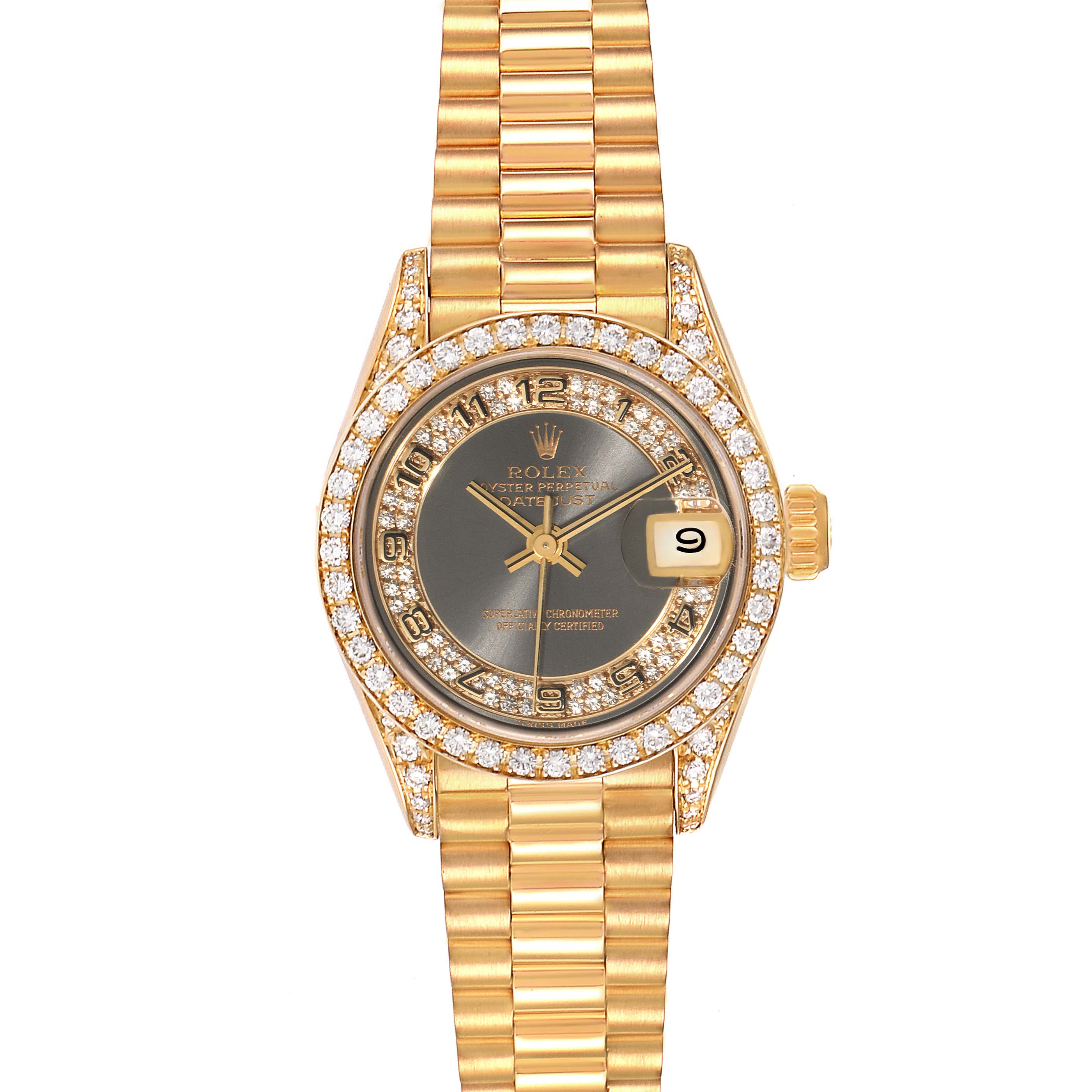 The image shows a front view of a Rolex President 69158 Women's Yellow Gold Grey Dial 69158 Women's Yellow Gold Grey Dial model watch, displaying the dial, bezel, and bracelet.