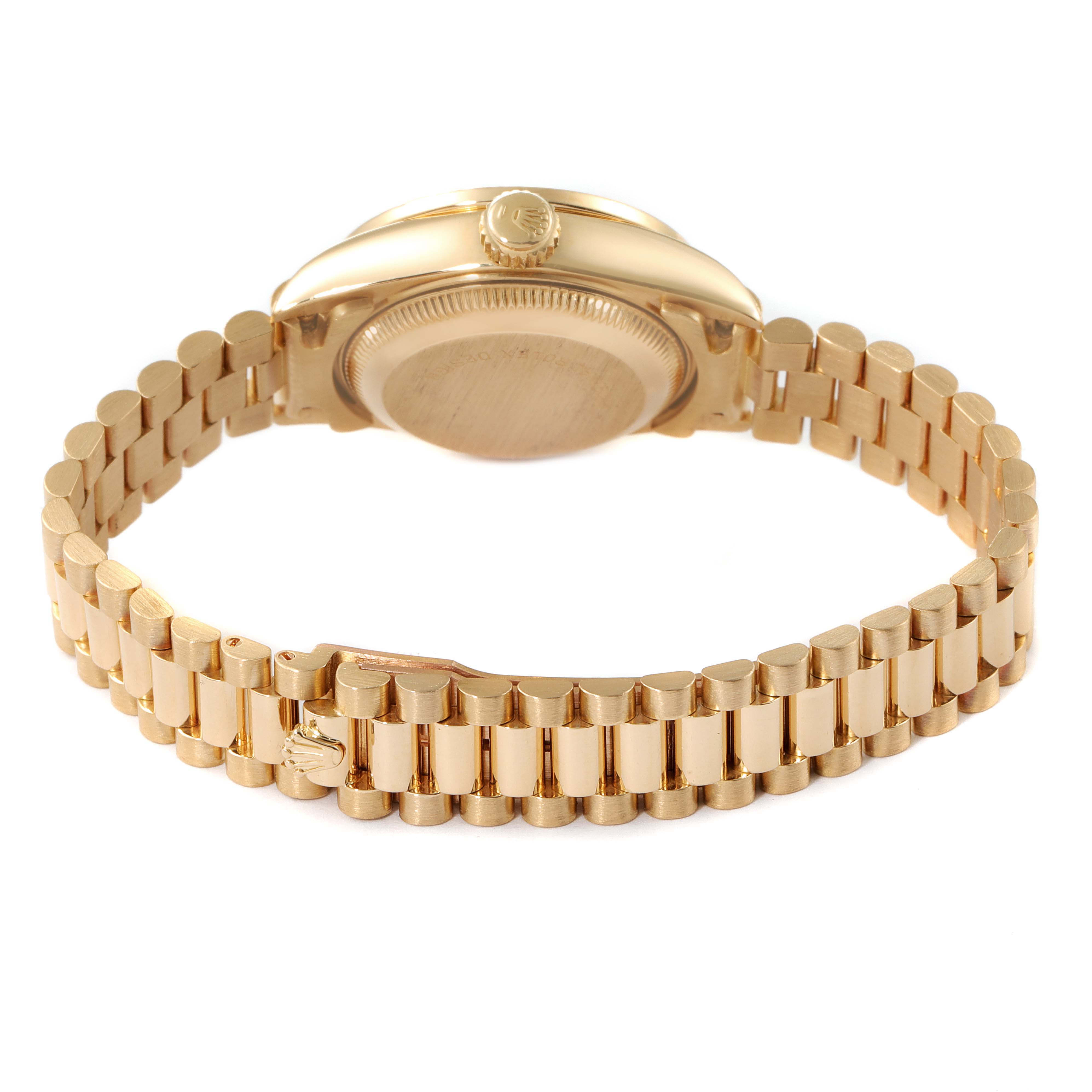 The image shows the back view of the Rolex President 69158 Women's Yellow Gold Grey Dial 69158 Women's Yellow Gold Grey Dial model watch, highlighting its gold case, crown, and President bracelet.